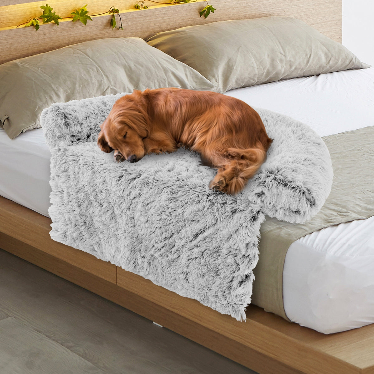 Gray Plush Calming Dog Couch Bed with Anti-Slip Bottom-L-Dog Supplies-DECOROLALA