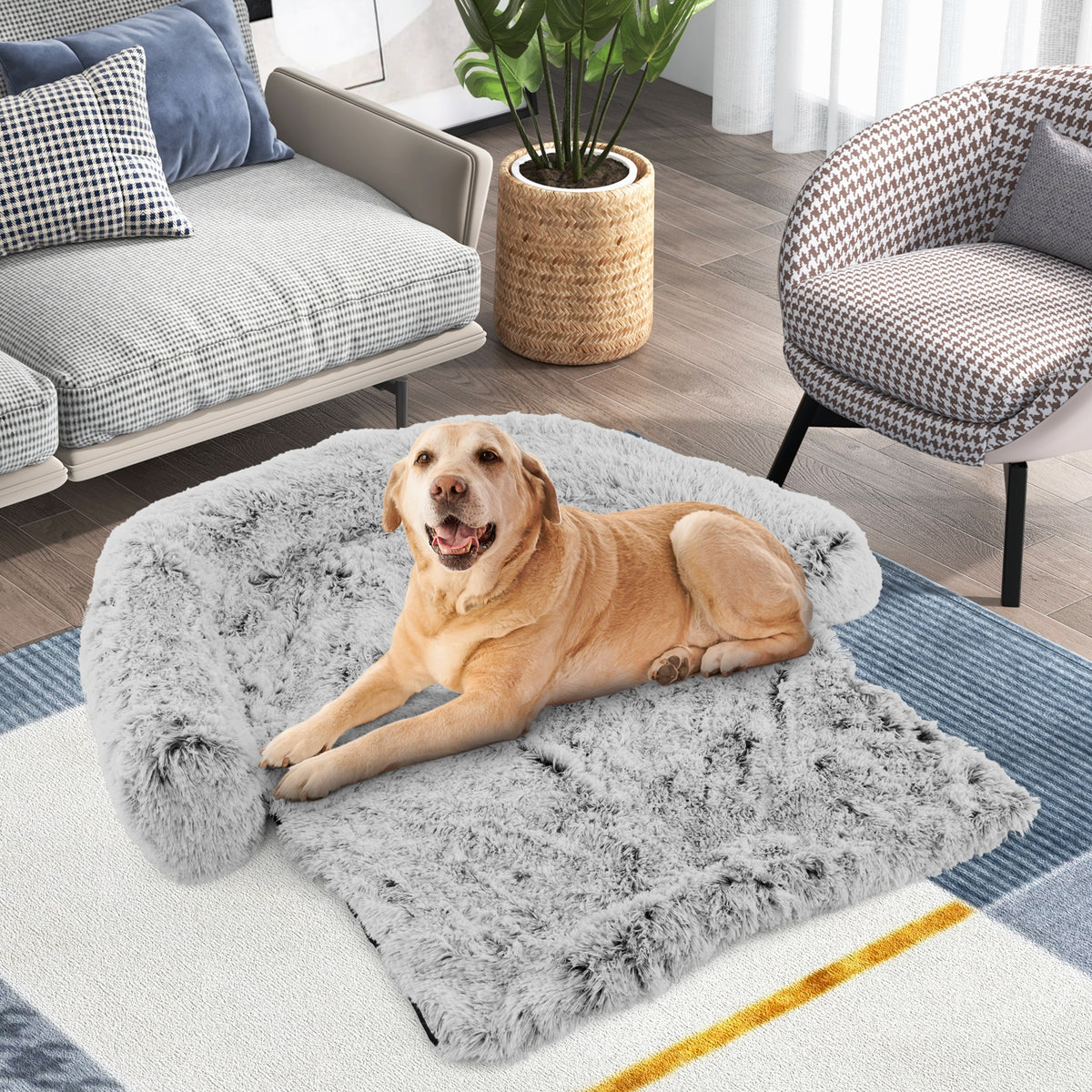 Gray Plush Calming Dog Couch Bed with Anti-Slip Bottom-L-Dog Supplies-DECOROLALA