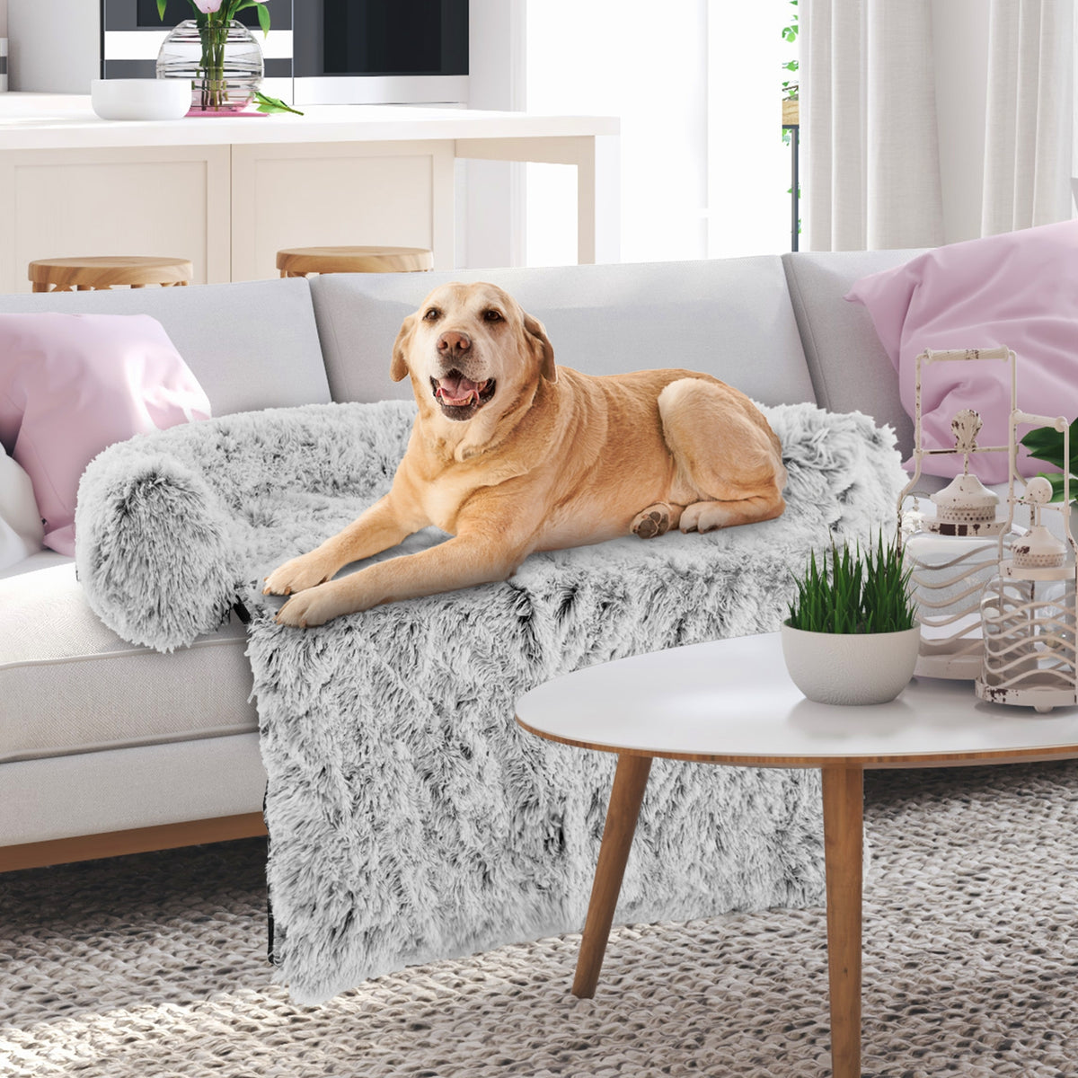 Gray Plush Calming Dog Couch Bed with Anti-Slip Bottom-L-Dog Supplies-DECOROLALA
