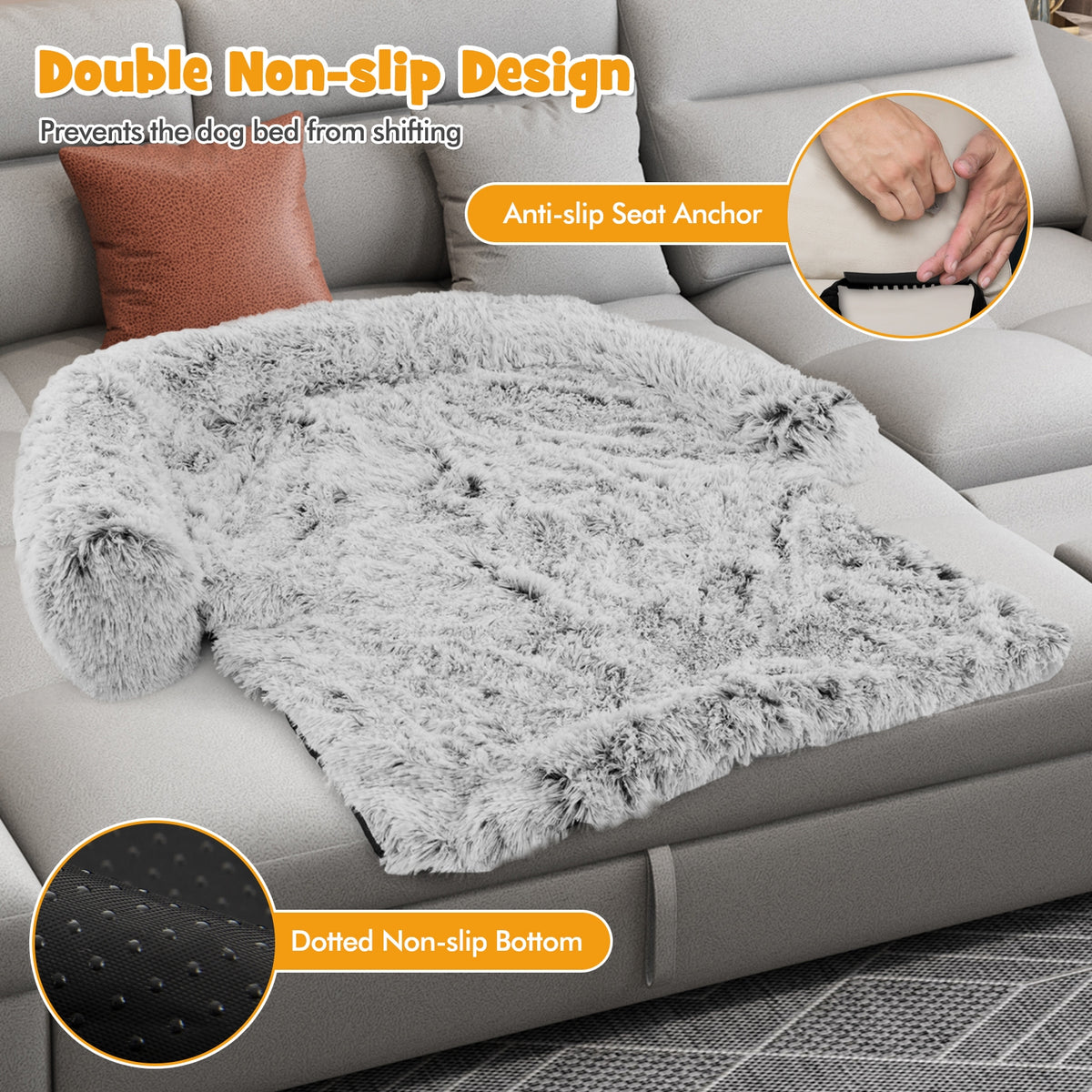 Gray Plush Calming Dog Couch Bed with Anti-Slip Bottom-L-Dog Supplies-DECOROLALA