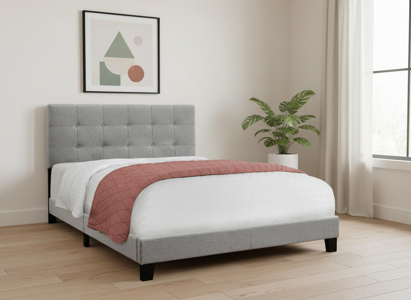 Gray Queen Tufted Upholstered Bed Frame-Standard Beds-DECOROLALA