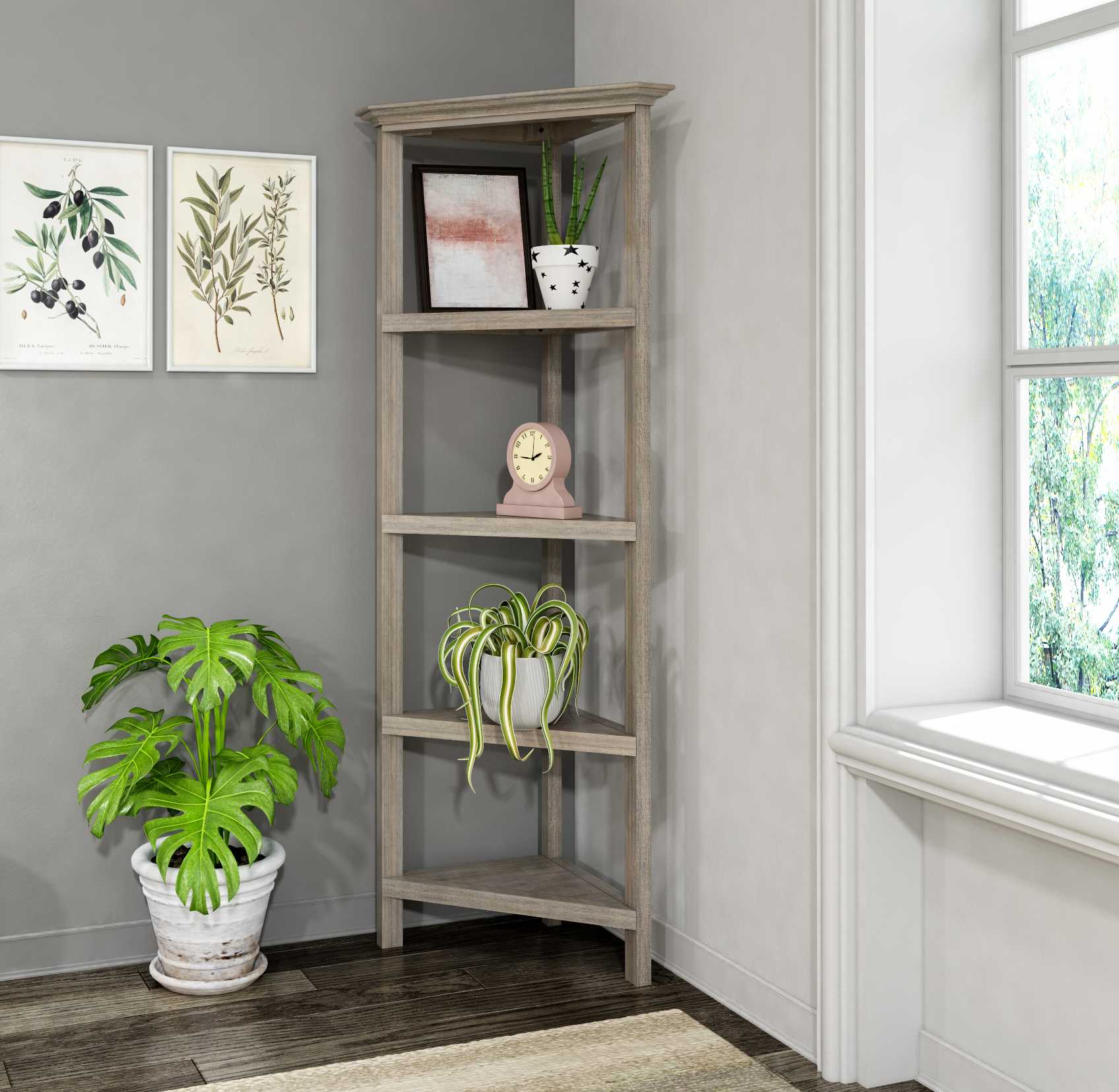 Gray Solid Wood Corner Bookcase-Bookcases-DECOROLALA