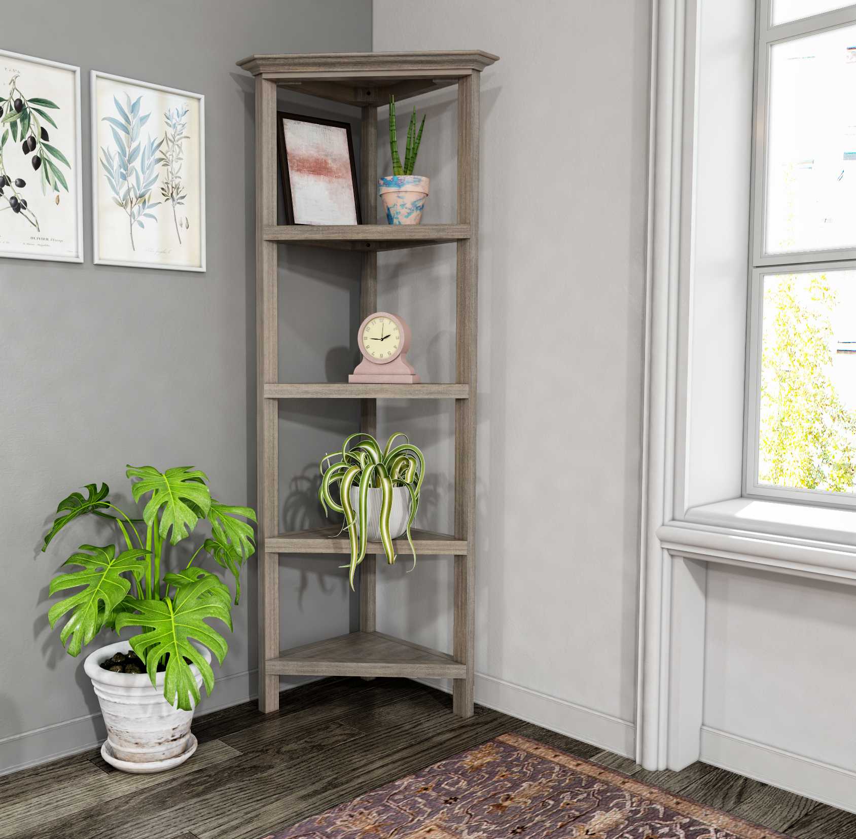Gray Solid Wood Corner Bookcase-Bookcases-DECOROLALA