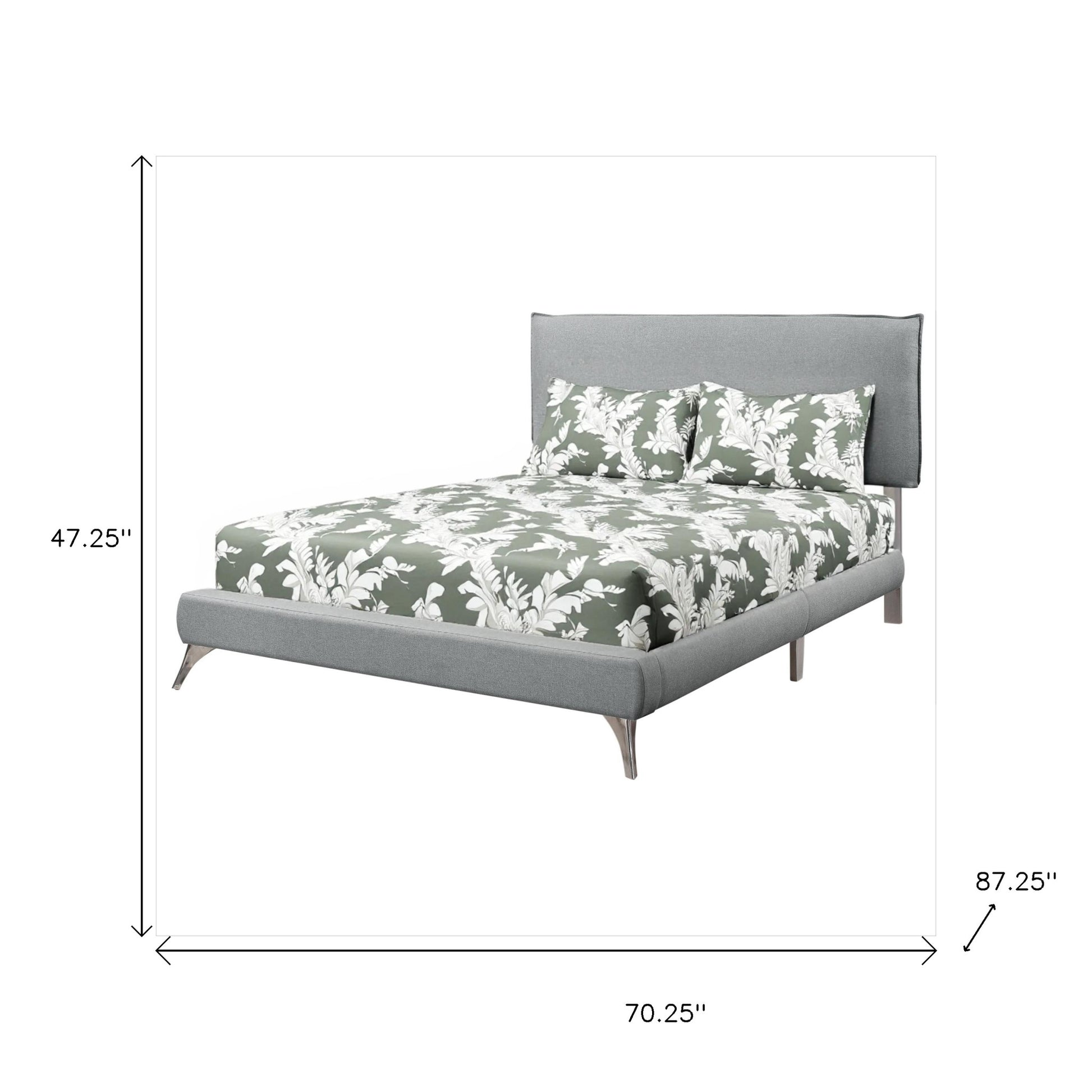 Gray Solid Wood Queen Upholstered Linen Bed Frame with Nailhead Trim-Standard Beds-DECOROLALA