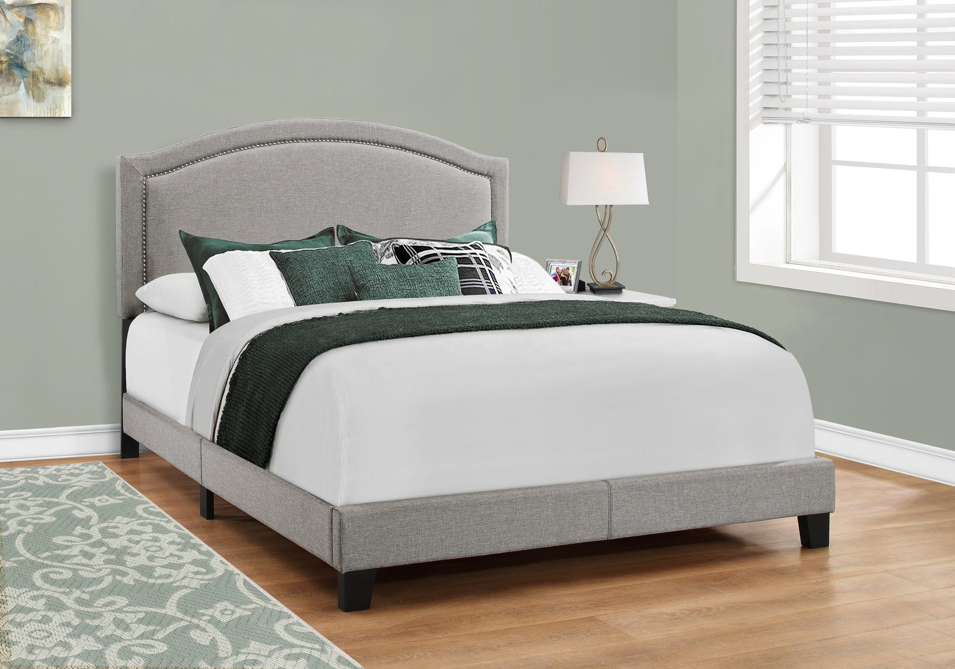 Gray Solid Wood Queen Upholstered Linen Bed Frame with Nailhead Trim-Standard Beds-DECOROLALA