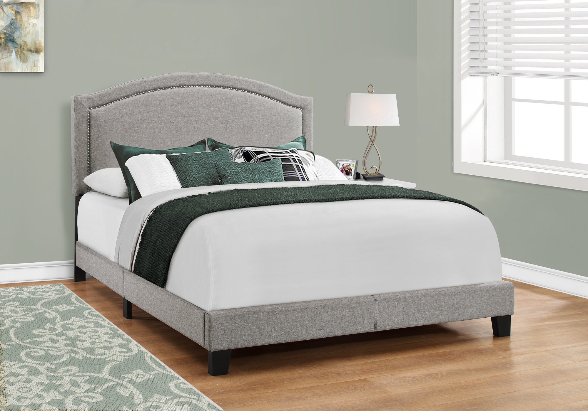 Gray Solid Wood Queen Upholstered Linen Bed Frame with Nailhead Trim-Standard Beds-DECOROLALA