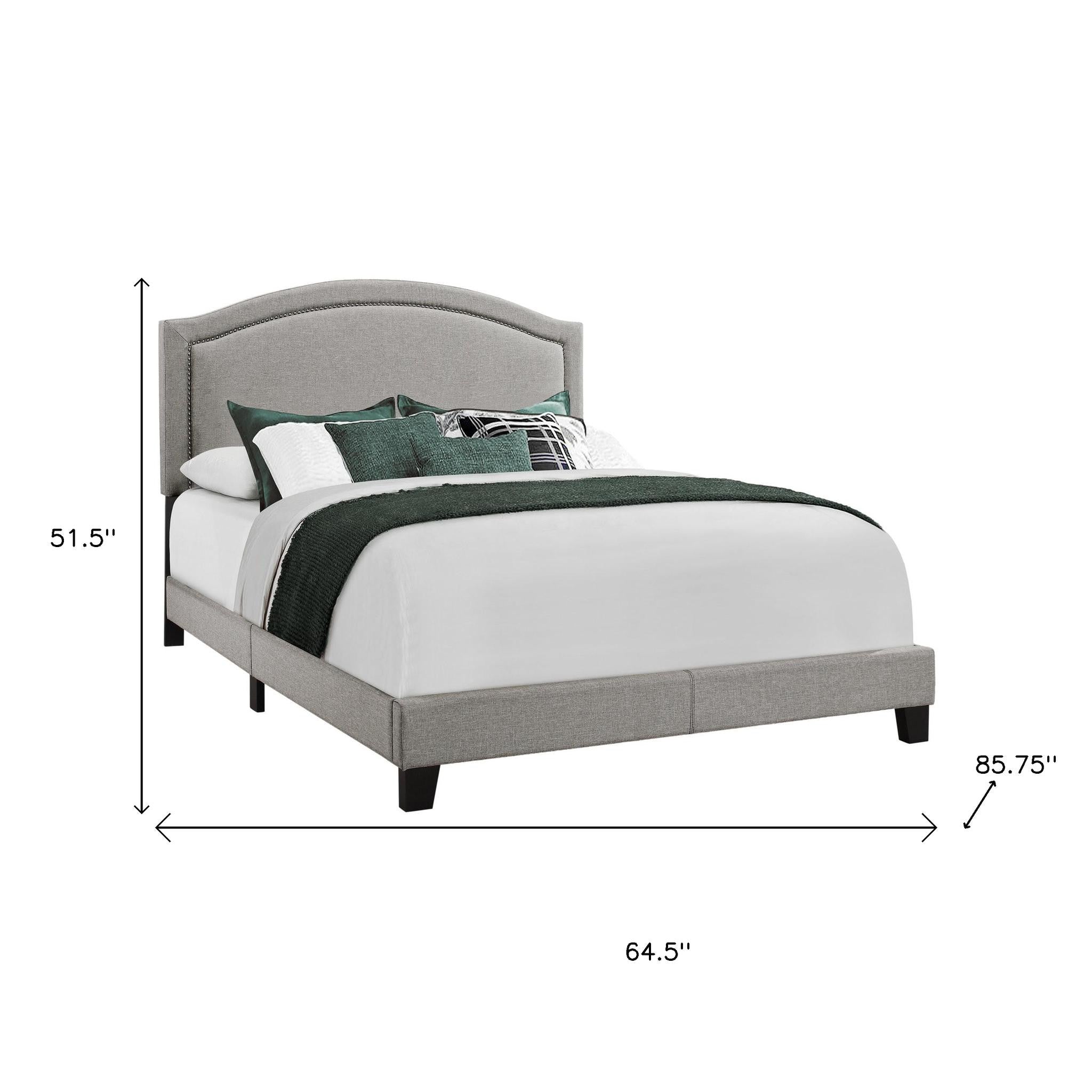 Gray Solid Wood Queen Upholstered Linen Bed Frame with Nailhead Trim-Standard Beds-DECOROLALA