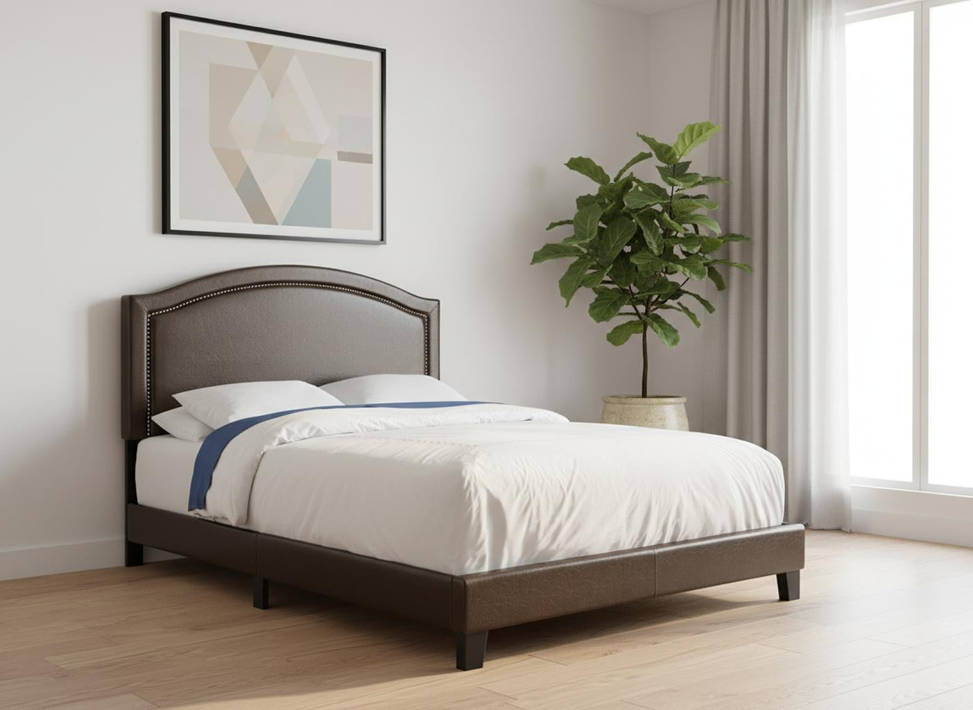 Gray Solid Wood Queen Upholstered Linen Bed Frame with Nailhead Trim-Standard Beds-DECOROLALA