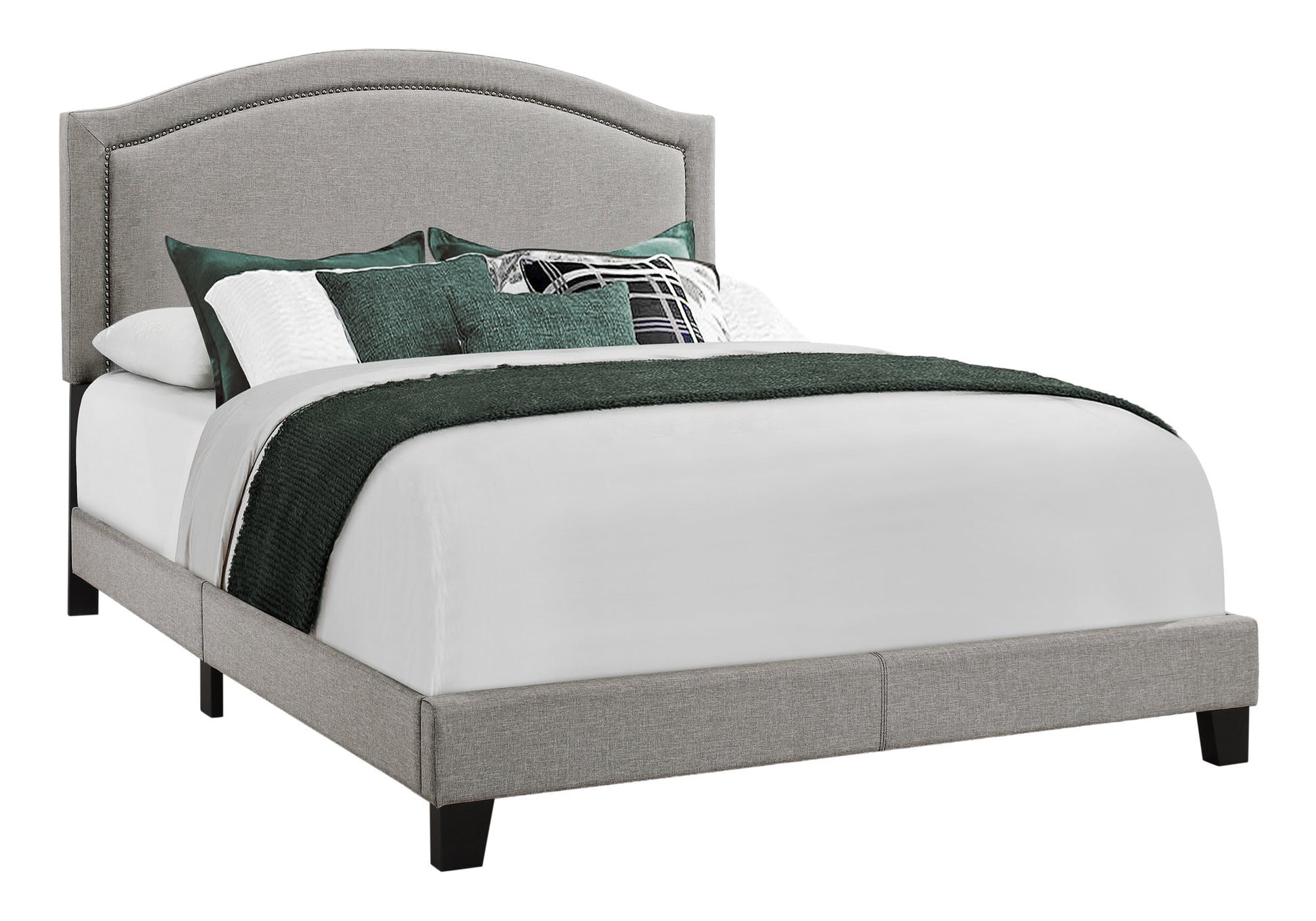 Gray Solid Wood Queen Upholstered Linen Bed Frame with Nailhead Trim-Standard Beds-DECOROLALA