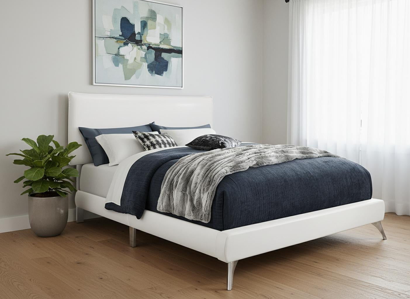 Gray Solid Wood Queen Upholstered Linen Bed Frame with Nailhead Trim-Standard Beds-DECOROLALA