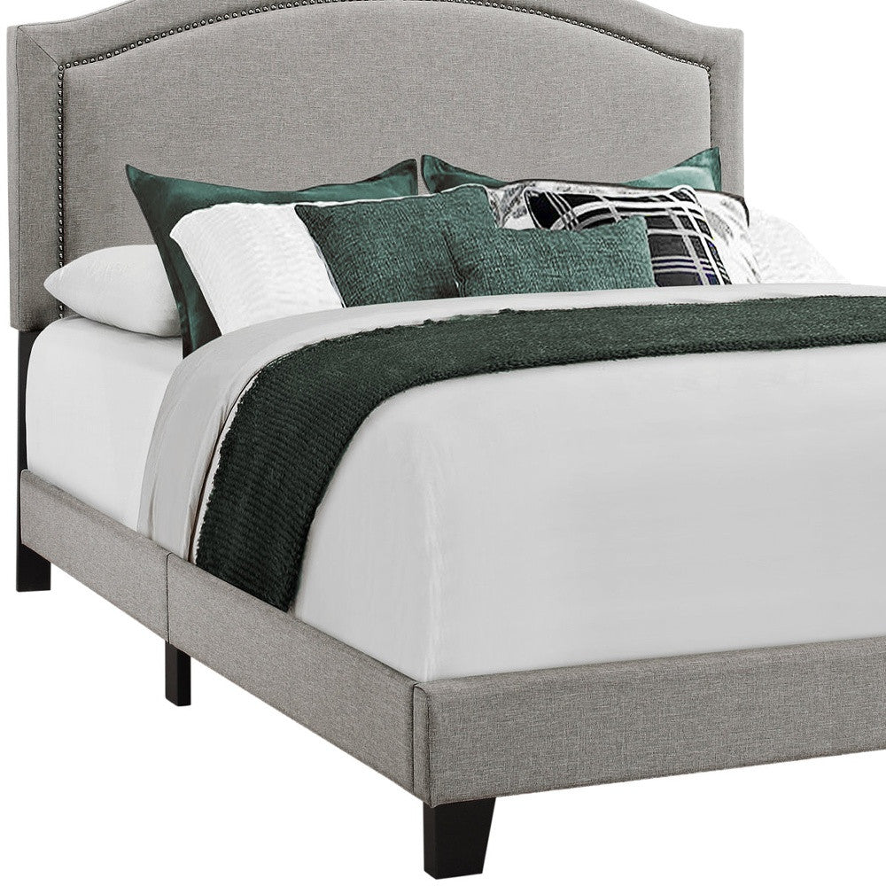 Gray Solid Wood Queen Upholstered Linen Bed Frame with Nailhead Trim-Standard Beds-DECOROLALA