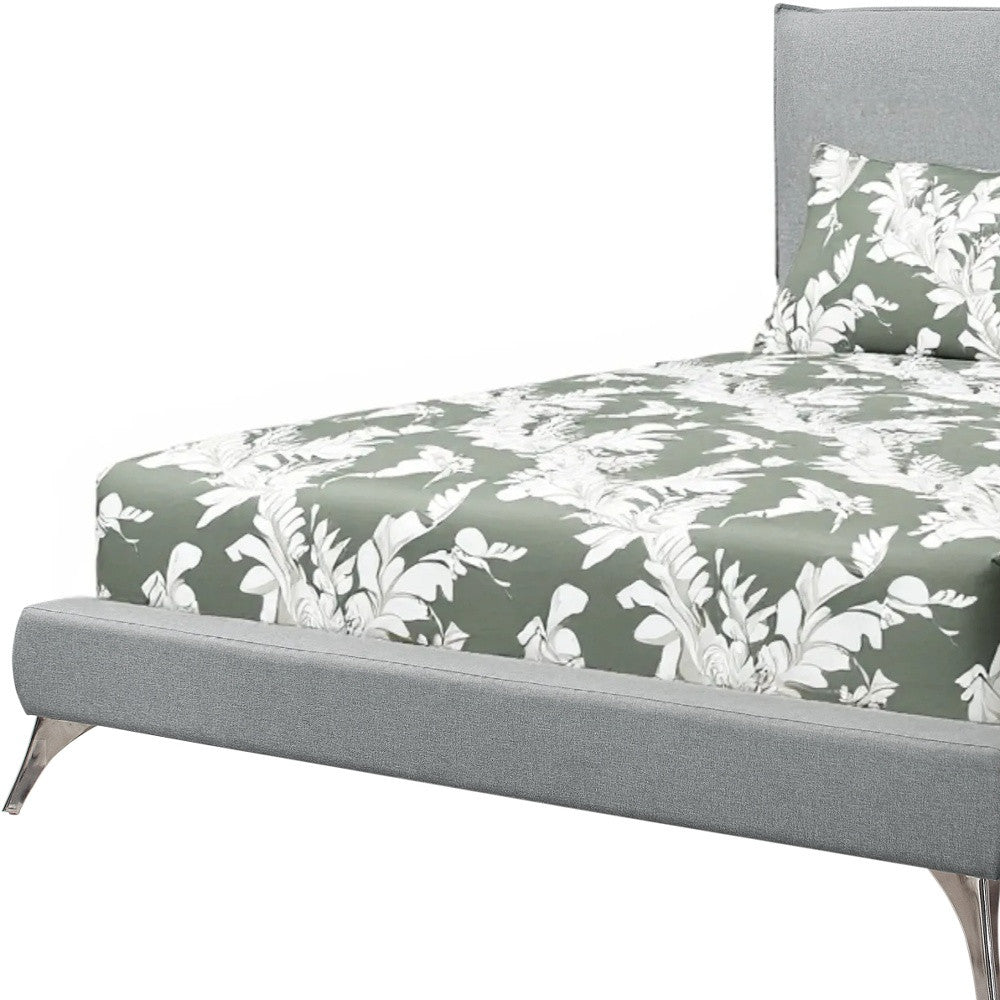 Gray Solid Wood Queen Upholstered Linen Bed Frame with Nailhead Trim-Standard Beds-DECOROLALA
