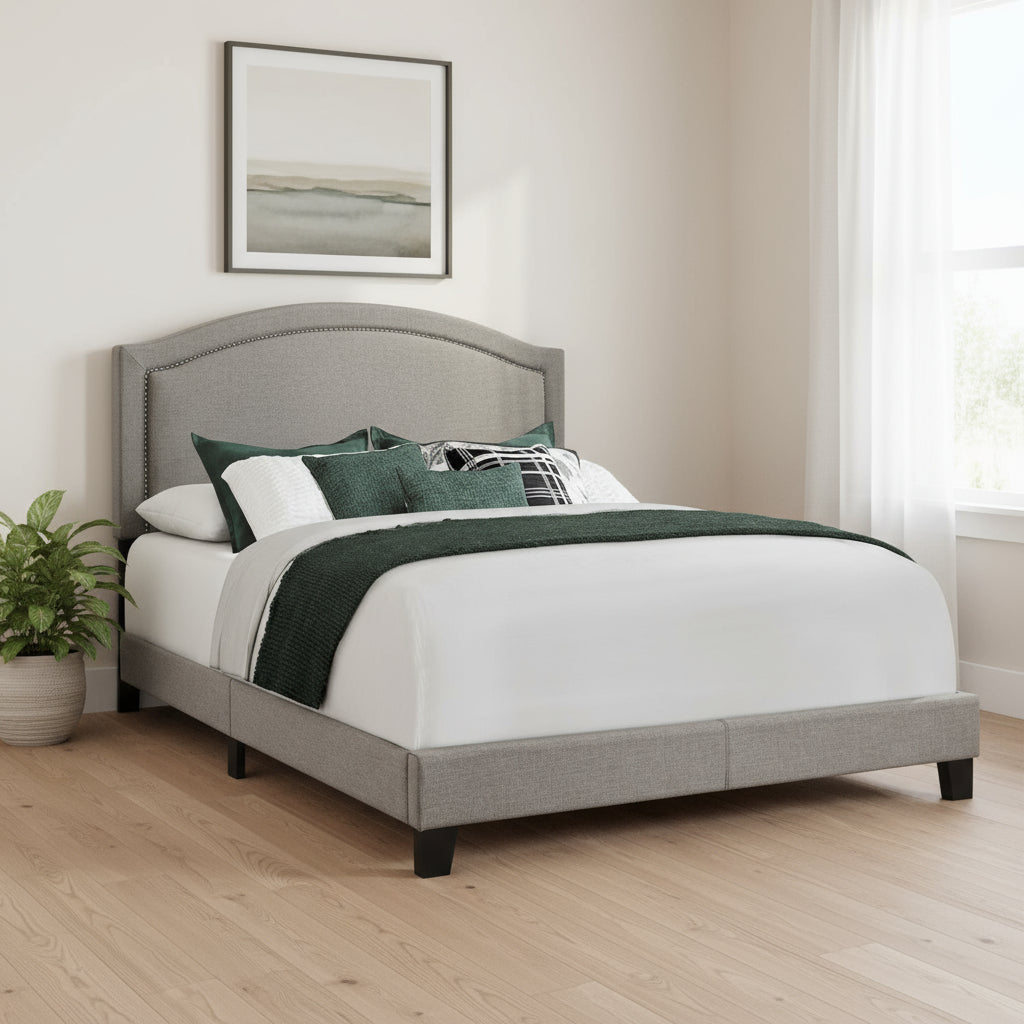 Gray Solid Wood Queen Upholstered Linen Bed Frame with Nailhead Trim-Standard Beds-DECOROLALA