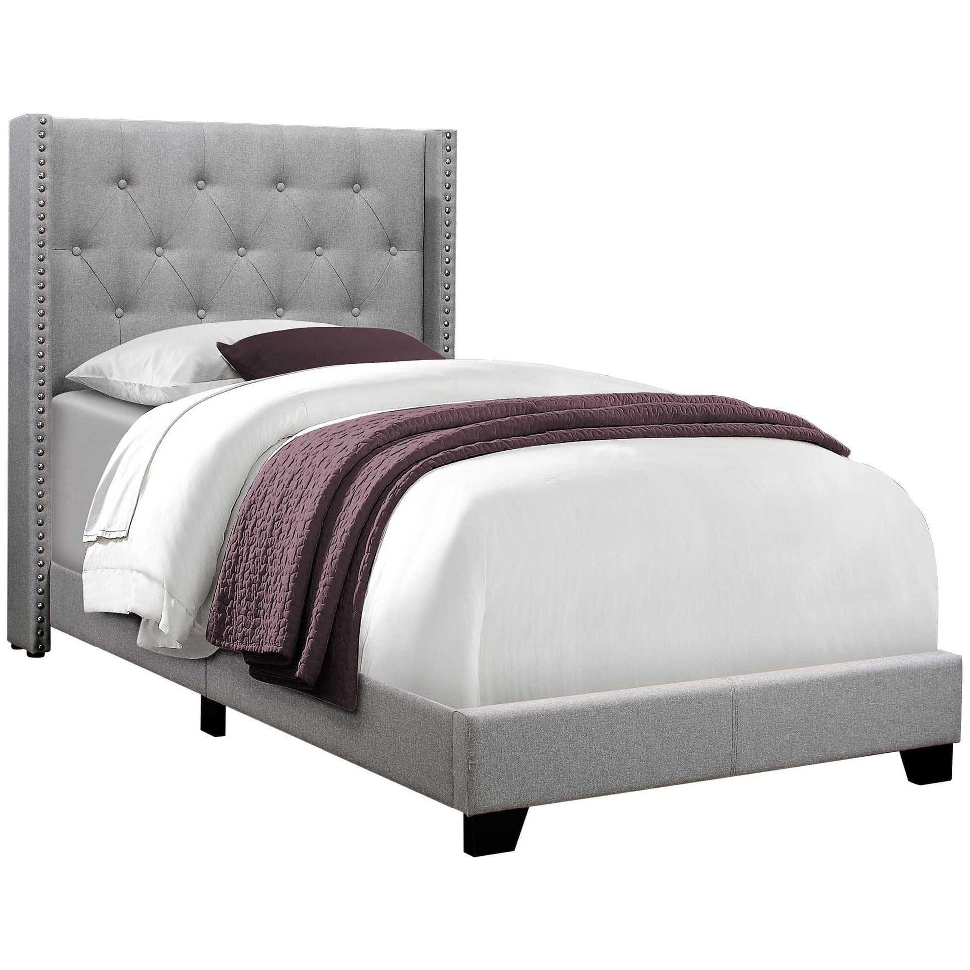 Gray Solid Wood Twin Tufted Upholstered Linen Bed Frame with Nailhead Trim-Standard Beds-DECOROLALA