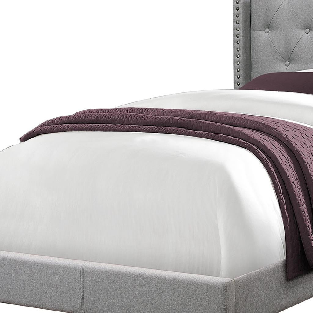 Gray Solid Wood Twin Tufted Upholstered Linen Bed Frame with Nailhead Trim-Standard Beds-DECOROLALA