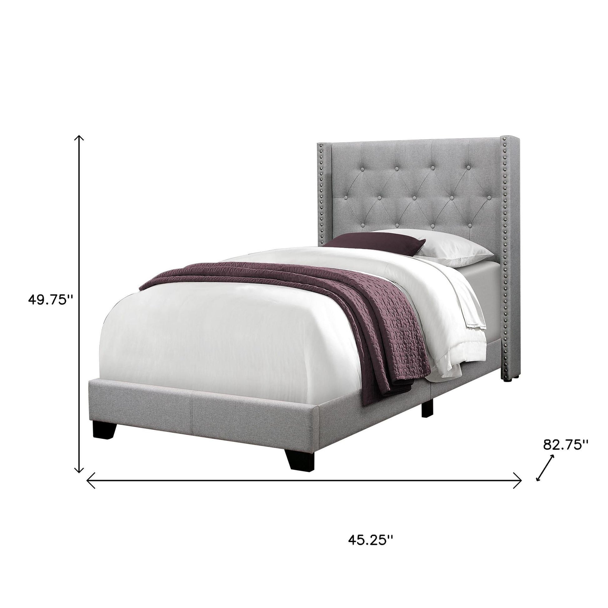 Gray Solid Wood Twin Tufted Upholstered Linen Bed Frame with Nailhead Trim-Standard Beds-DECOROLALA