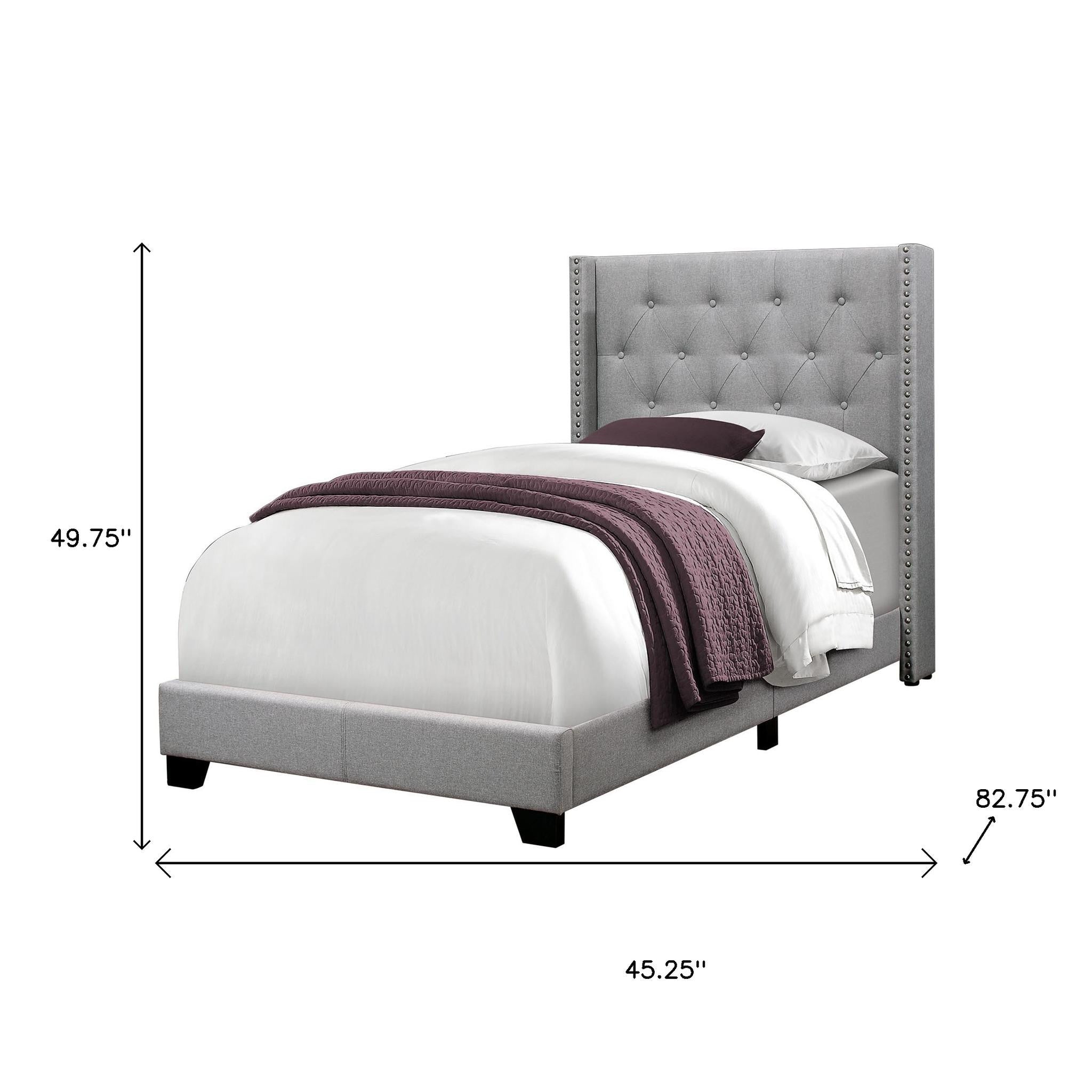 Gray Solid Wood Twin Tufted Upholstered Linen Bed Frame with Nailhead Trim-Standard Beds-DECOROLALA