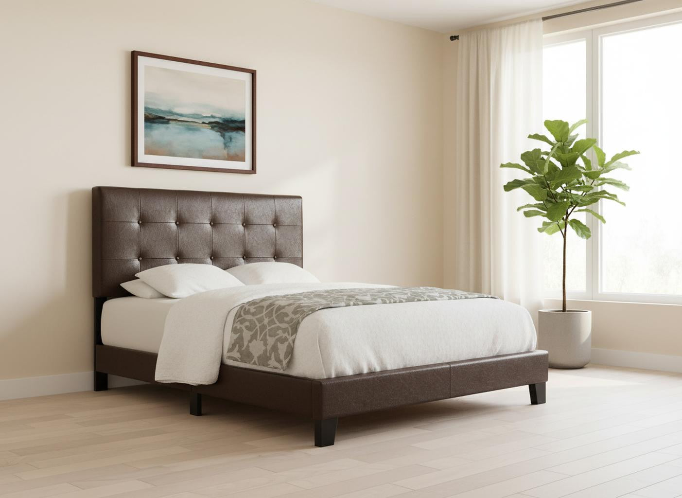 Gray Solid and Manufactured Wood Full Upholstered Linen Bed Frame-Standard Beds-DECOROLALA
