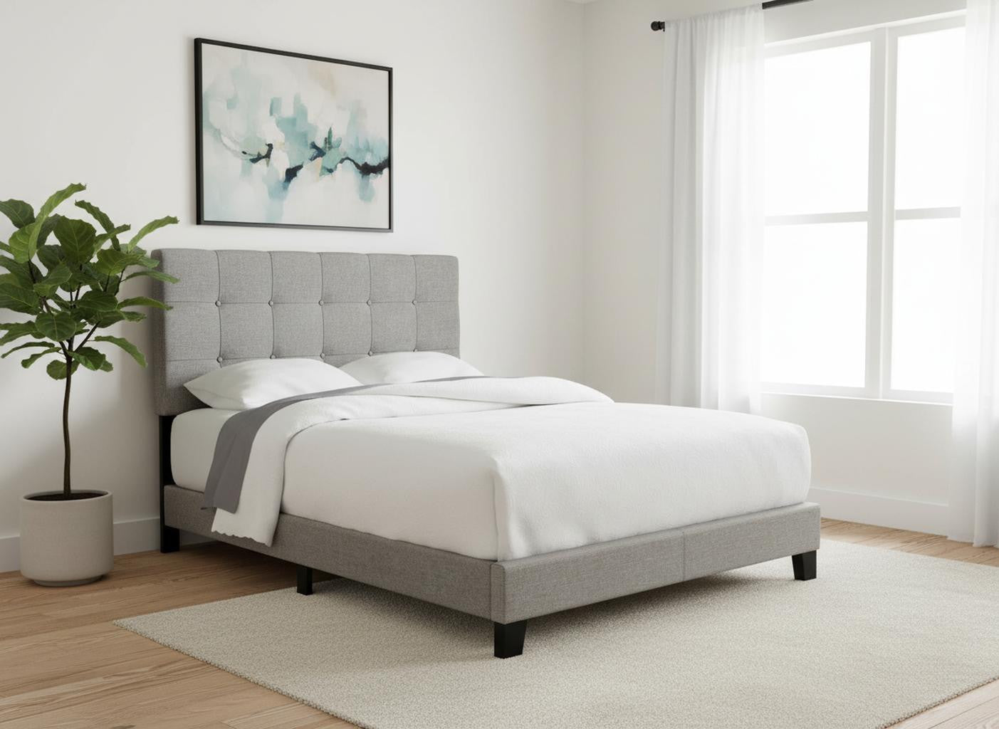 Gray Solid and Manufactured Wood Full Upholstered Linen Bed Frame-Standard Beds-DECOROLALA