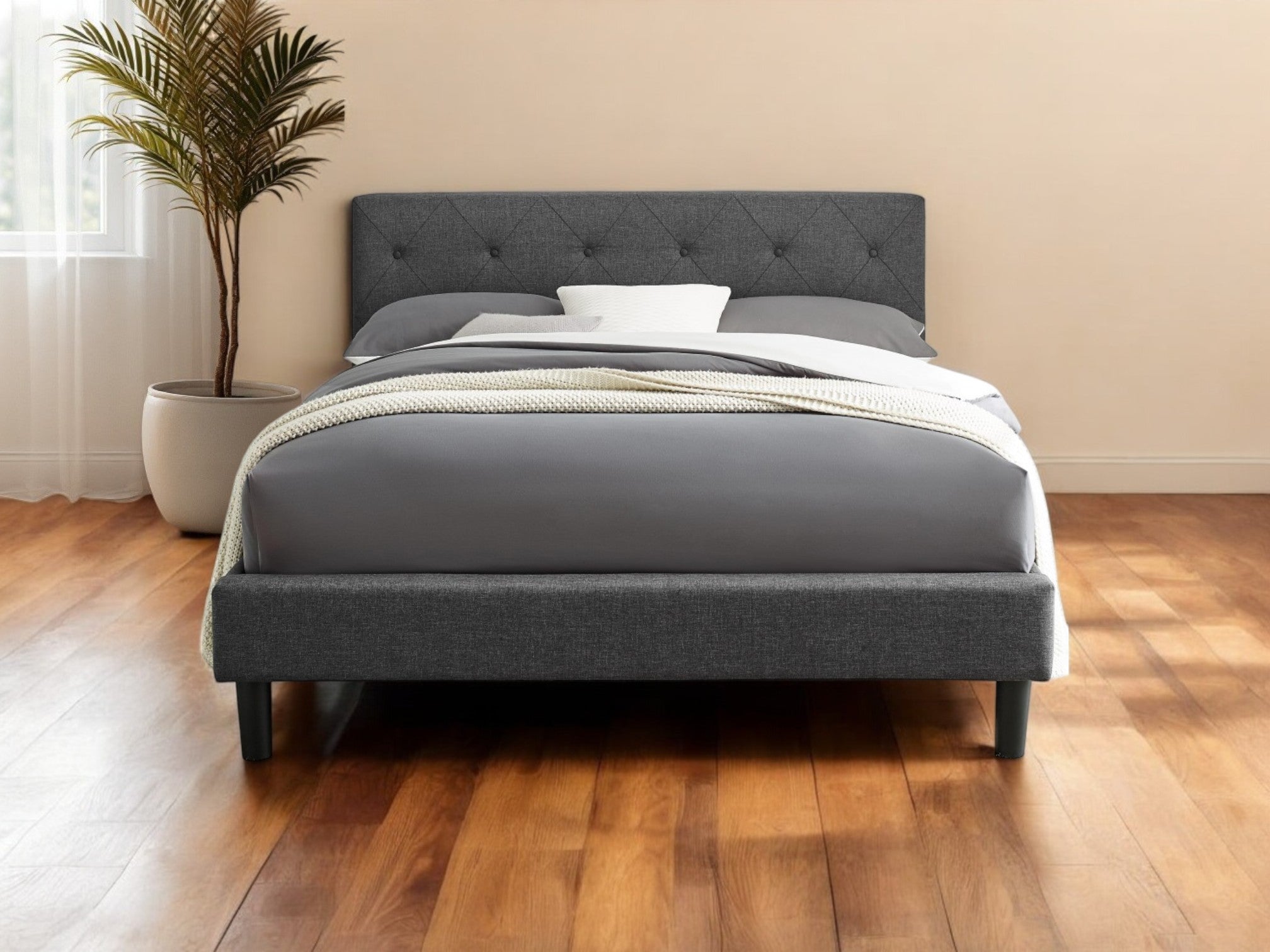Gray Tufted Upholstered Queen Bed Frame-Standard Beds-DECOROLALA