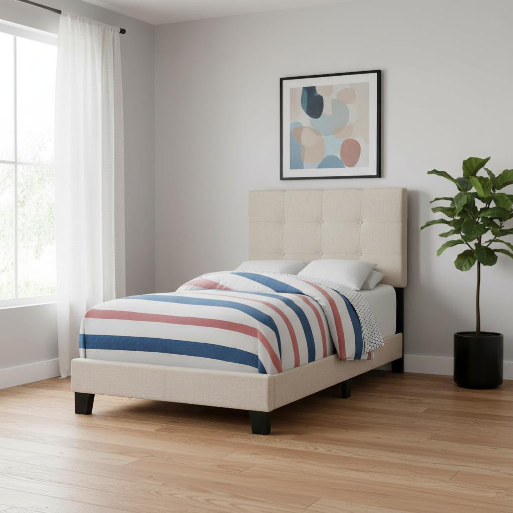 Gray Twin Tufted Upholstered Linen Bed Frame with Nailhead Trim-Standard Beds-DECOROLALA