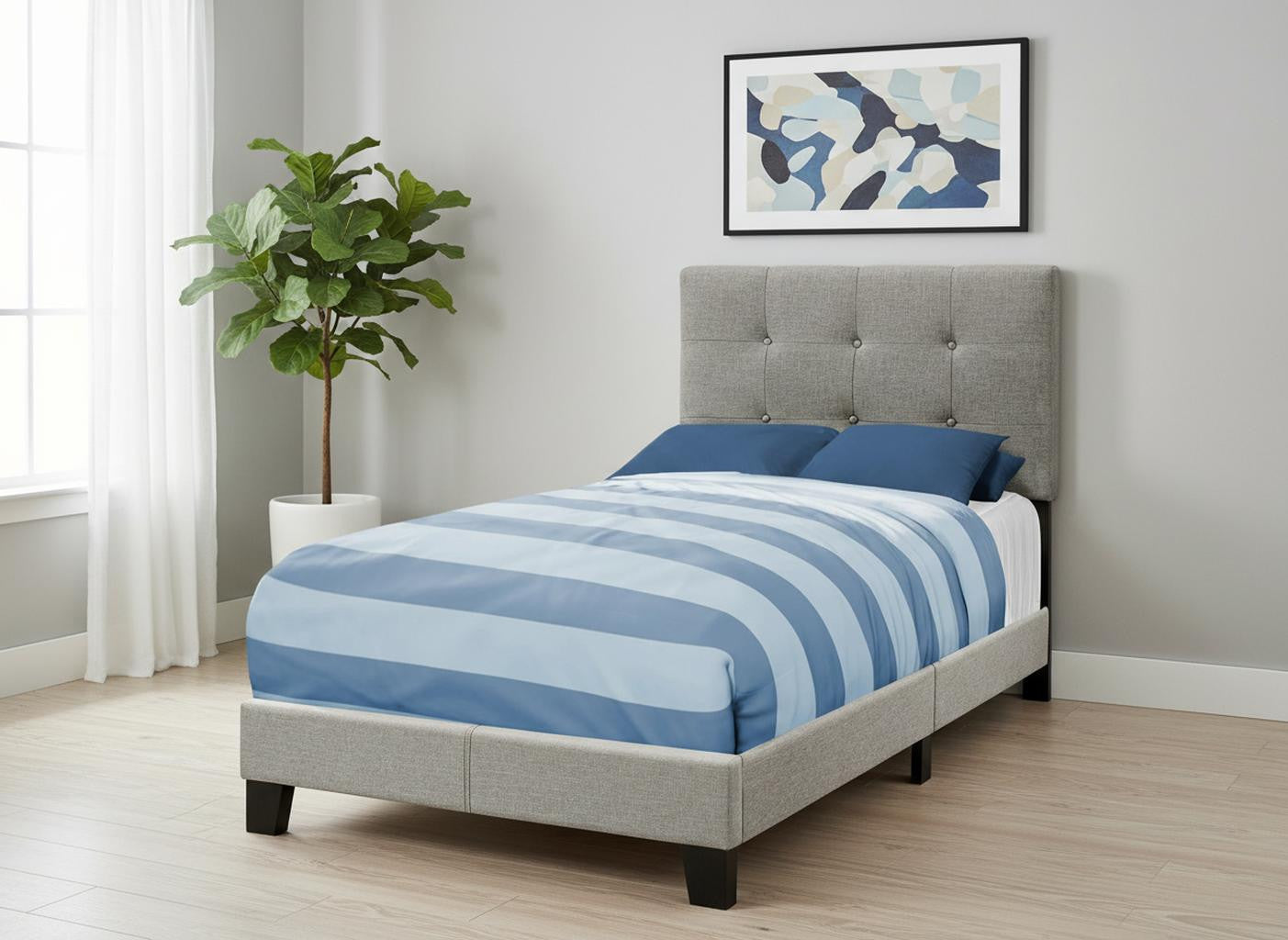 Gray Twin Tufted Upholstered Linen Bed Frame with Nailhead Trim-Standard Beds-DECOROLALA