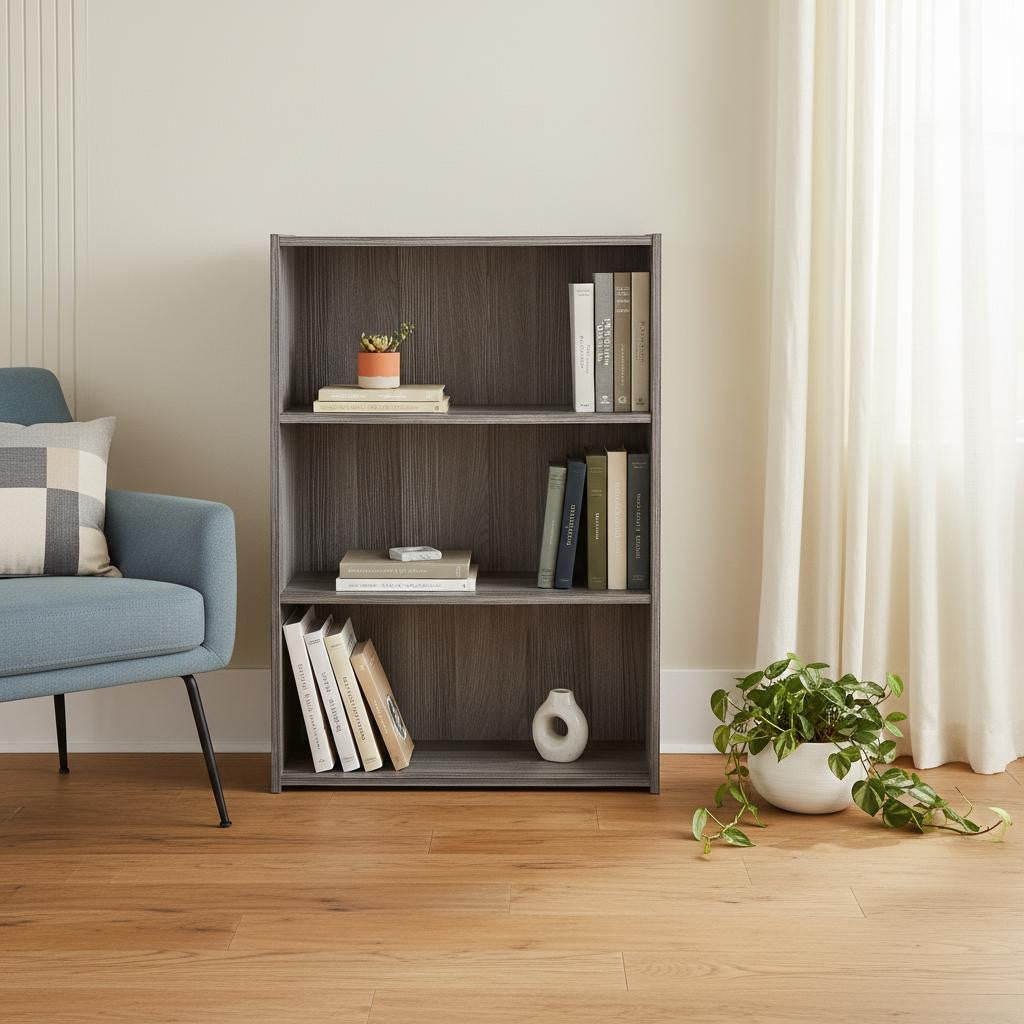 Gray Wood Adjustable Three Tier Bookcase-Bookcases-DECOROLALA