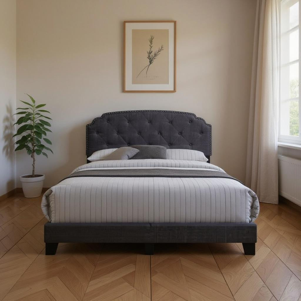 Gray Wood And Tufted Linen Queen Bed Frame with Nailhead Trim-Standard Beds-DECOROLALA
