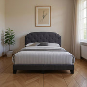 Gray Wood And Tufted Linen Queen Bed Frame with Nailhead Trim-Standard Beds-DECOROLALA