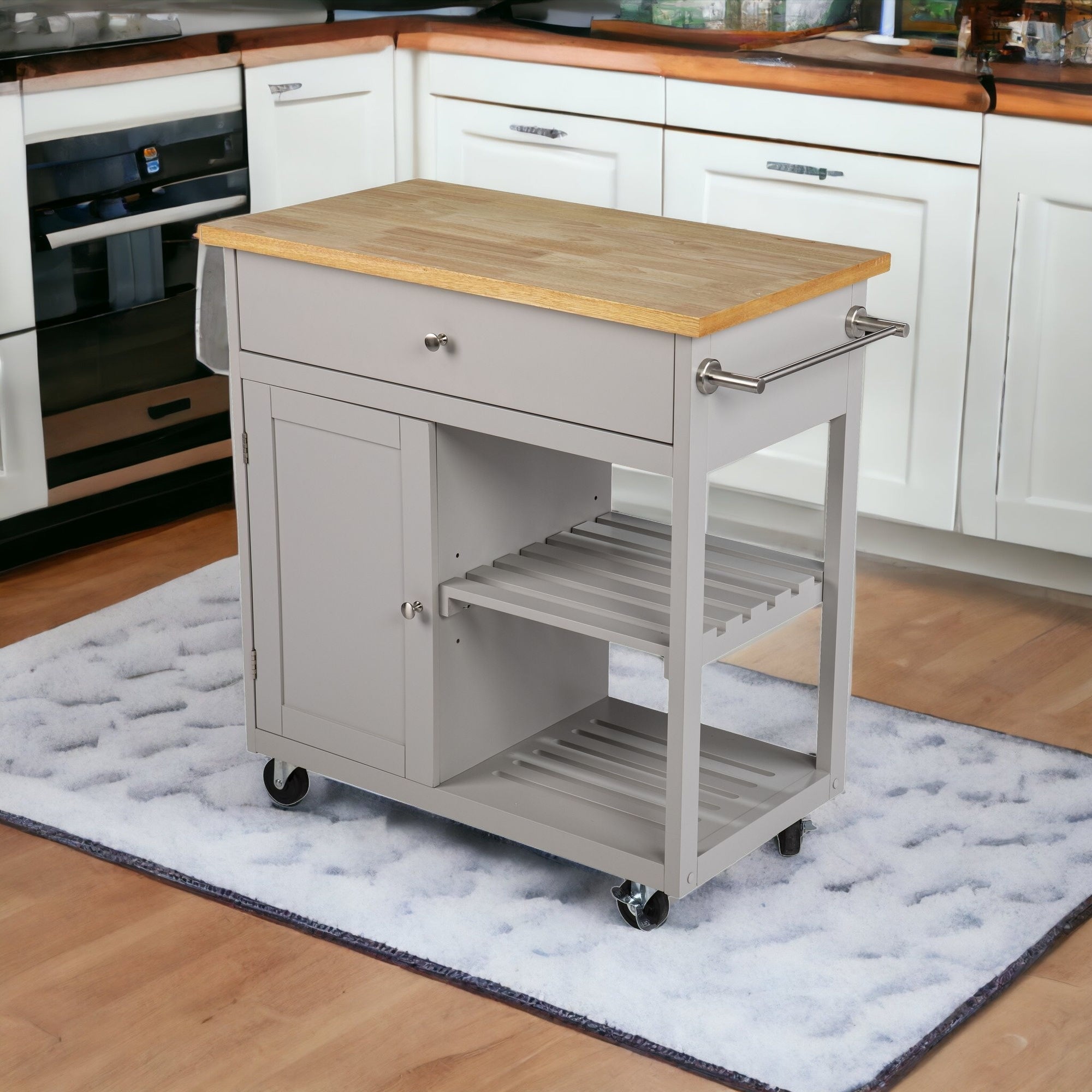 Gray and Natural 35" Rolling Kitchen Island With Storage-Kitchen Carts-Islands-DECOROLALA