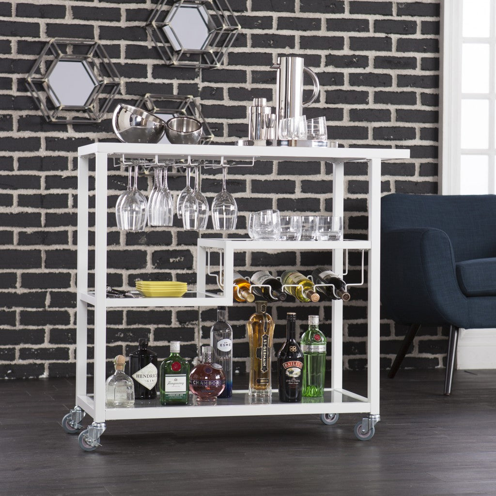 Gray and White Metal And Glass Rolling Bar Cart With Wine Storage-Bar Carts and Servers-DECOROLALA