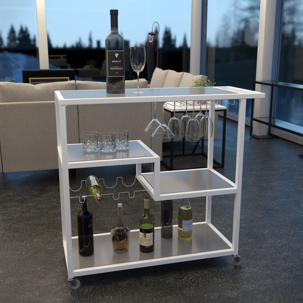 Gray and White Metal And Glass Rolling Bar Cart With Wine Storage-Bar Carts and Servers-DECOROLALA