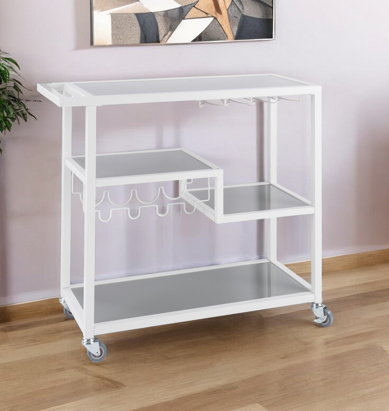 Gray and White Metal And Glass Rolling Bar Cart With Wine Storage-Bar Carts and Servers-DECOROLALA