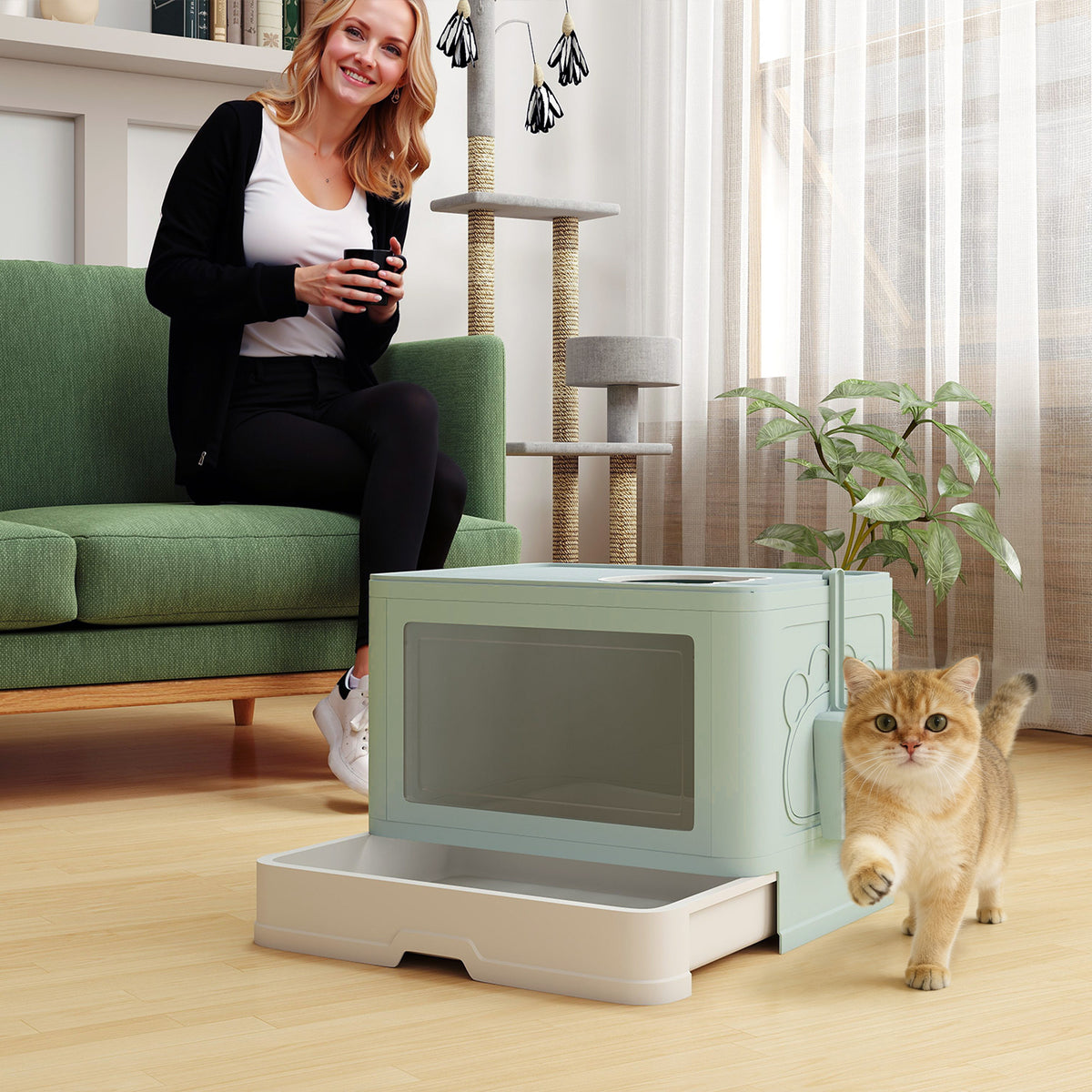 Green Cat Litter Box with Pull-out Tray and Scoop - 19" L-Cats-DECOROLALA