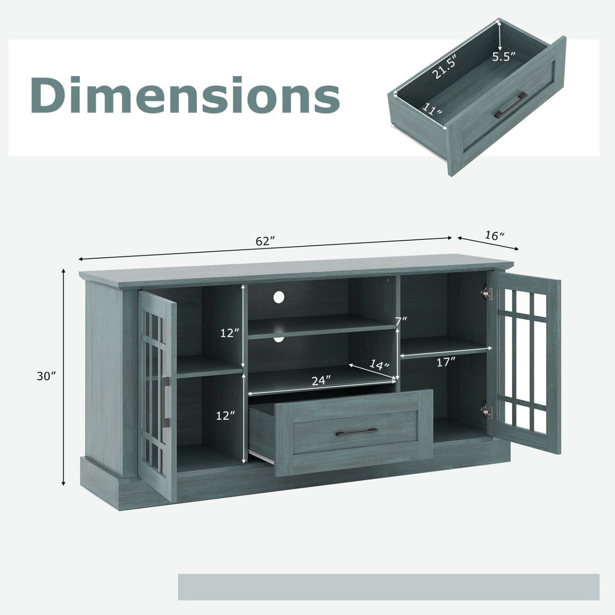 Green TV Stand for TVs up to 70" with Glass Doors-Entertainment Centers & TV Stands-DECOROLALA