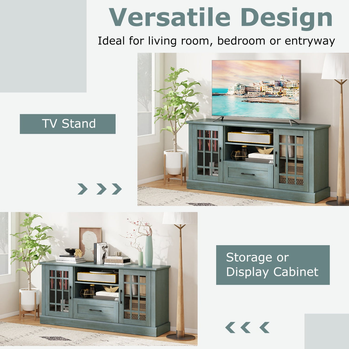Green TV Stand for TVs up to 70" with Glass Doors-Entertainment Centers & TV Stands-DECOROLALA