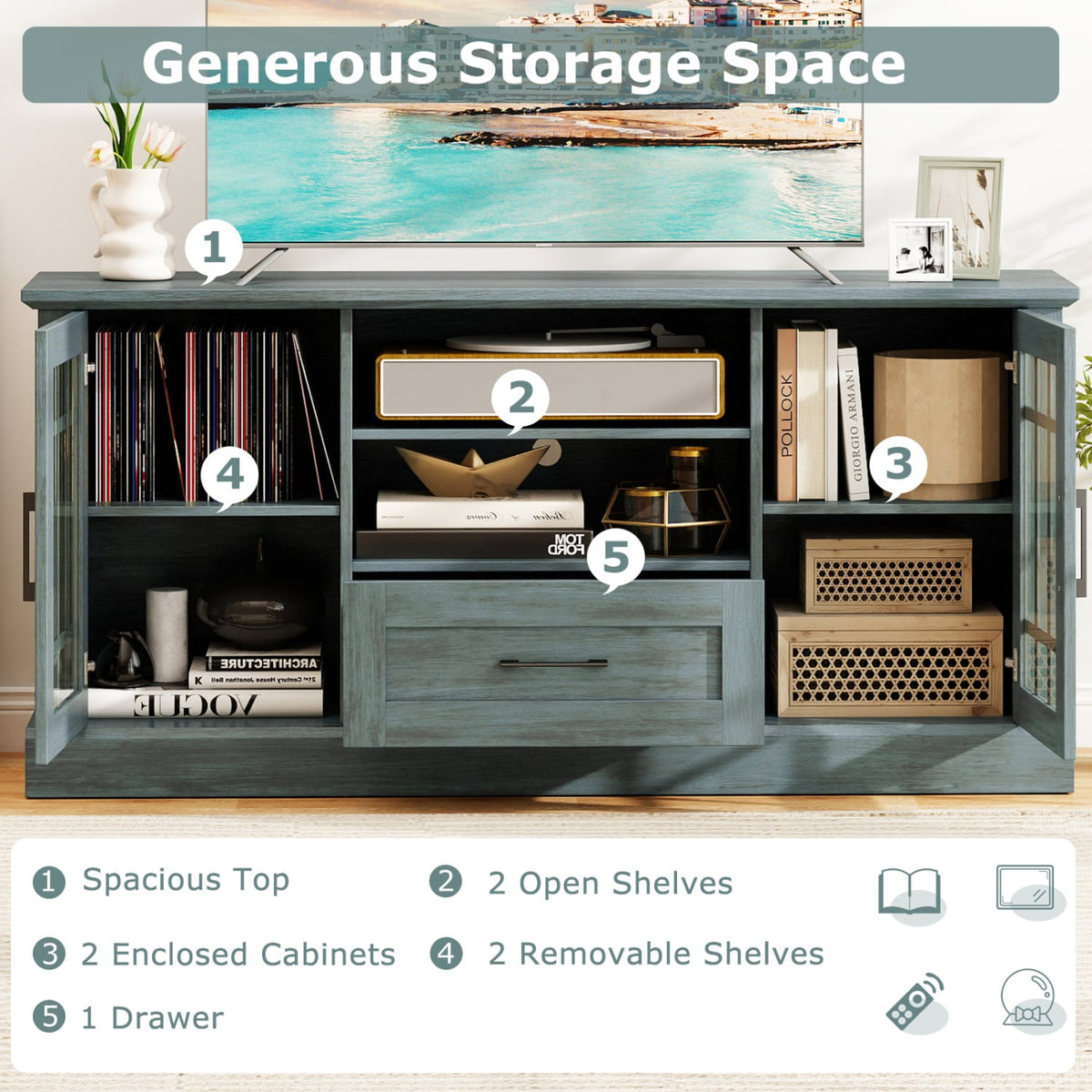 Green TV Stand for TVs up to 70" with Glass Doors-Entertainment Centers & TV Stands-DECOROLALA