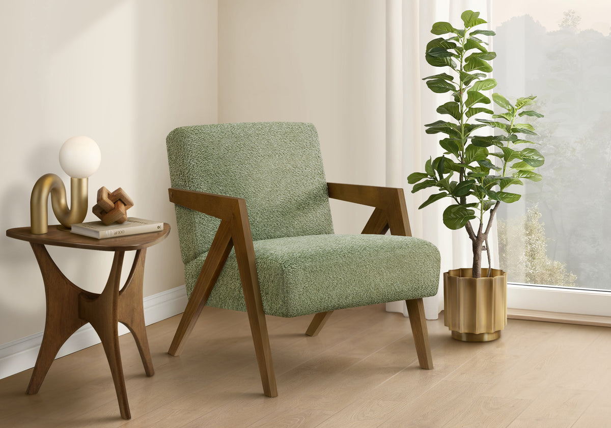 Green Upholstered Accent Chair 30"H Walnut Wood-Accent Chairs-DECOROLALA