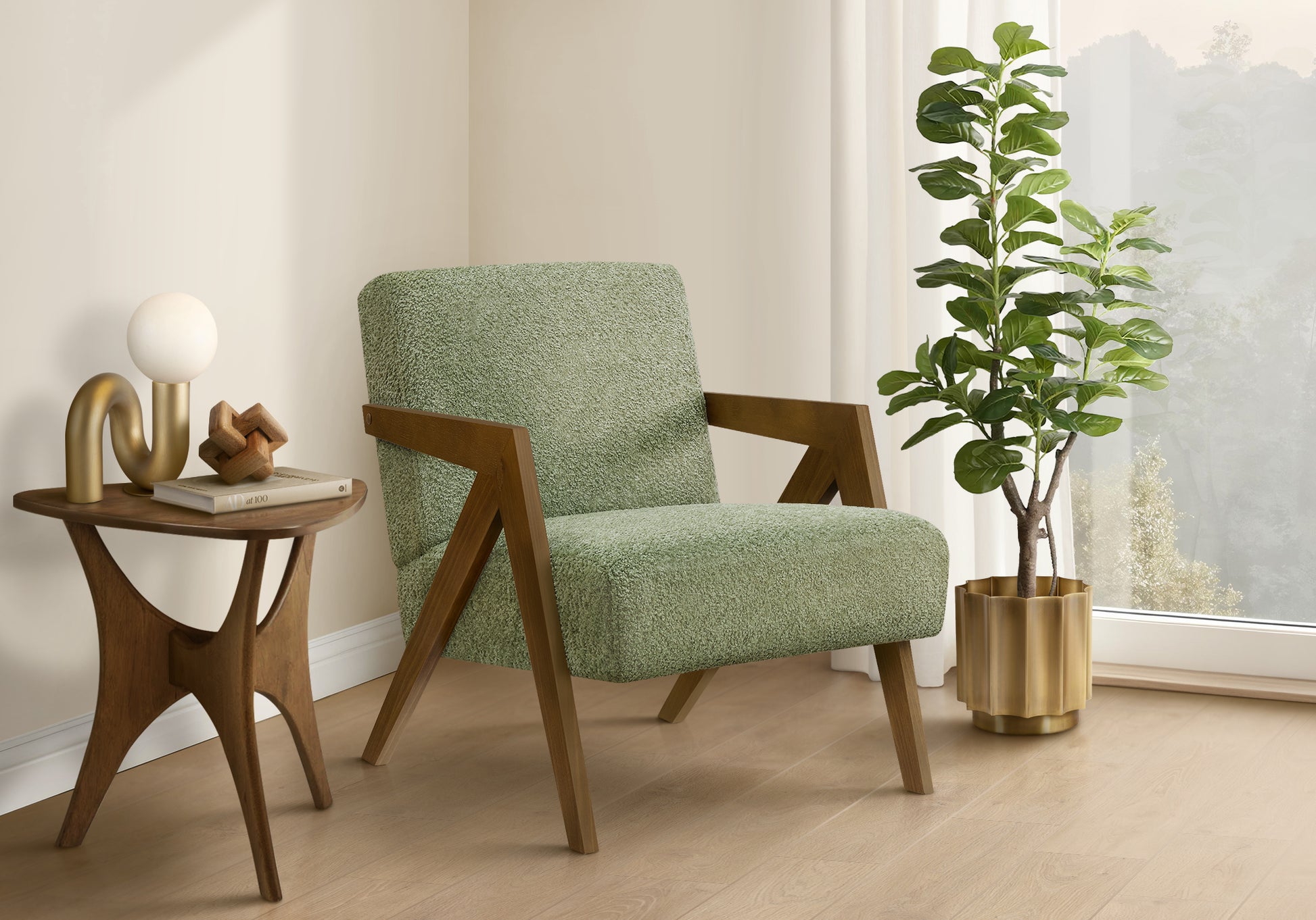 Green Upholstered Accent Chair 30"H Walnut Wood-DECOROLALA
