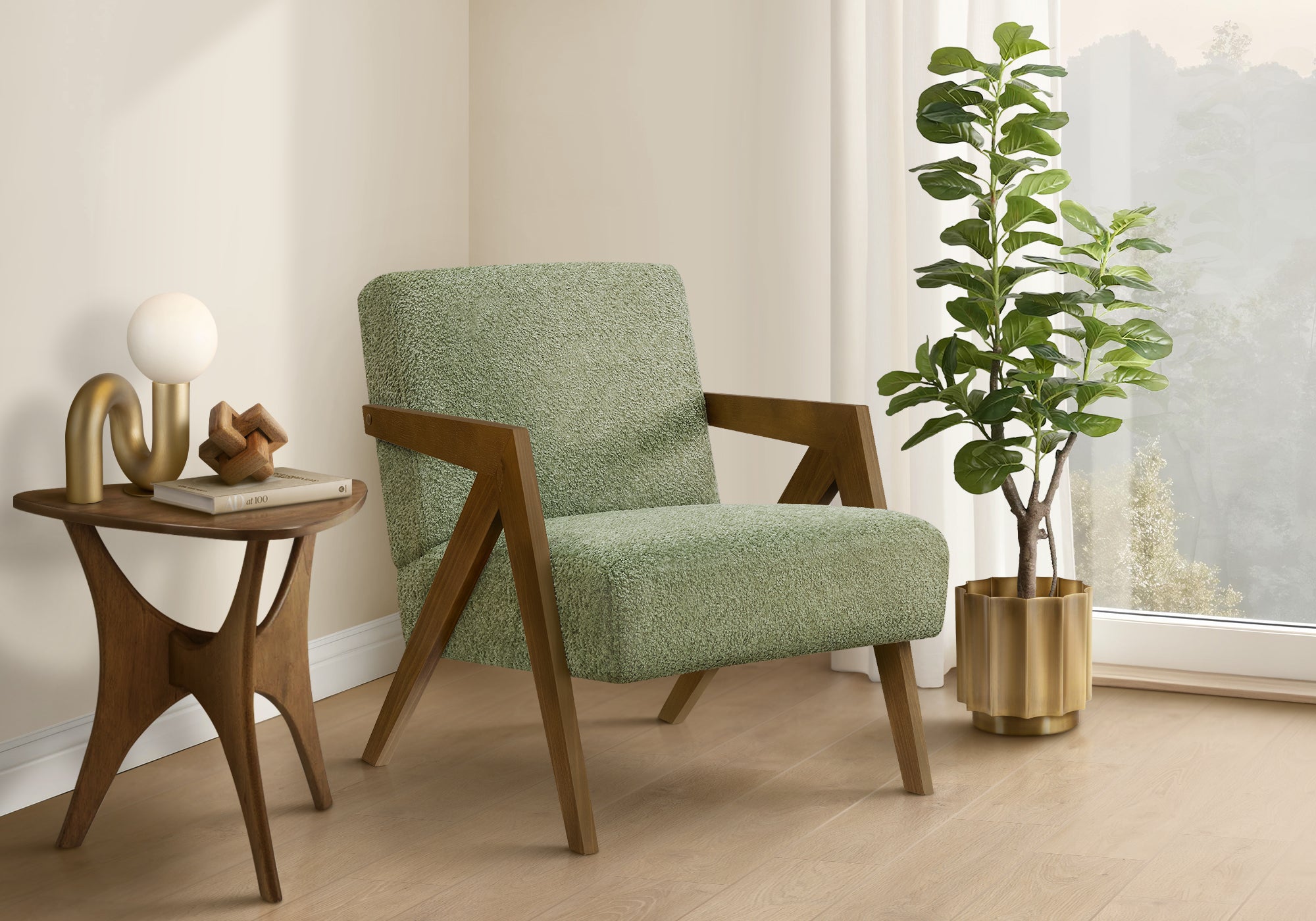 Green Upholstered Accent Chair 30"H Walnut Wood-DECOROLALA