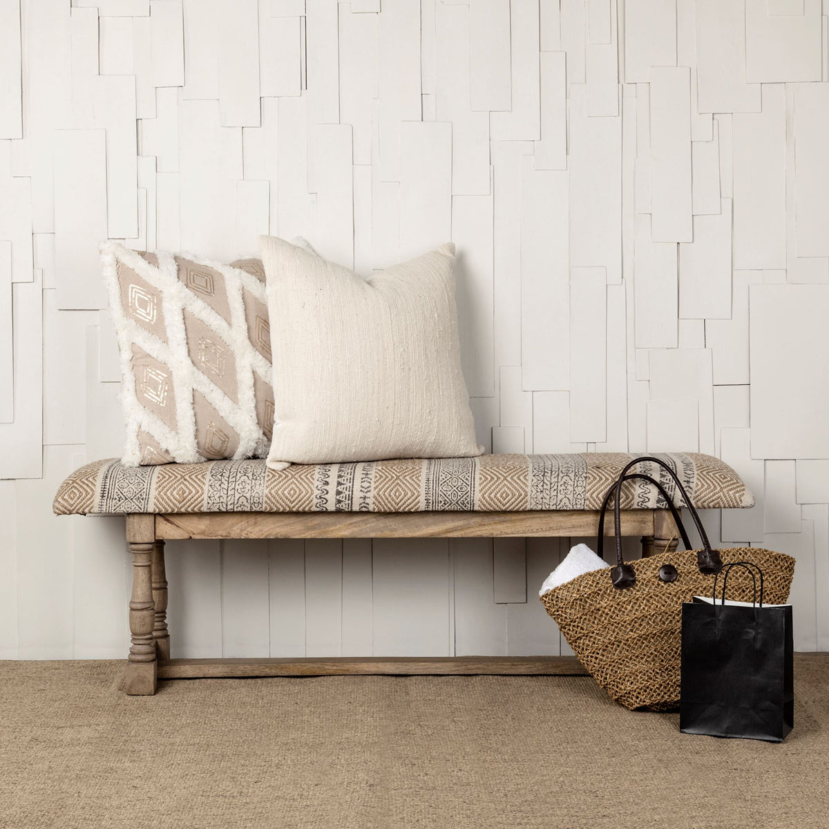Greenfield II 59L x 14W Patterned Tan Upholstered Wood Frame Accent Bench-Benches-DECOROLALA