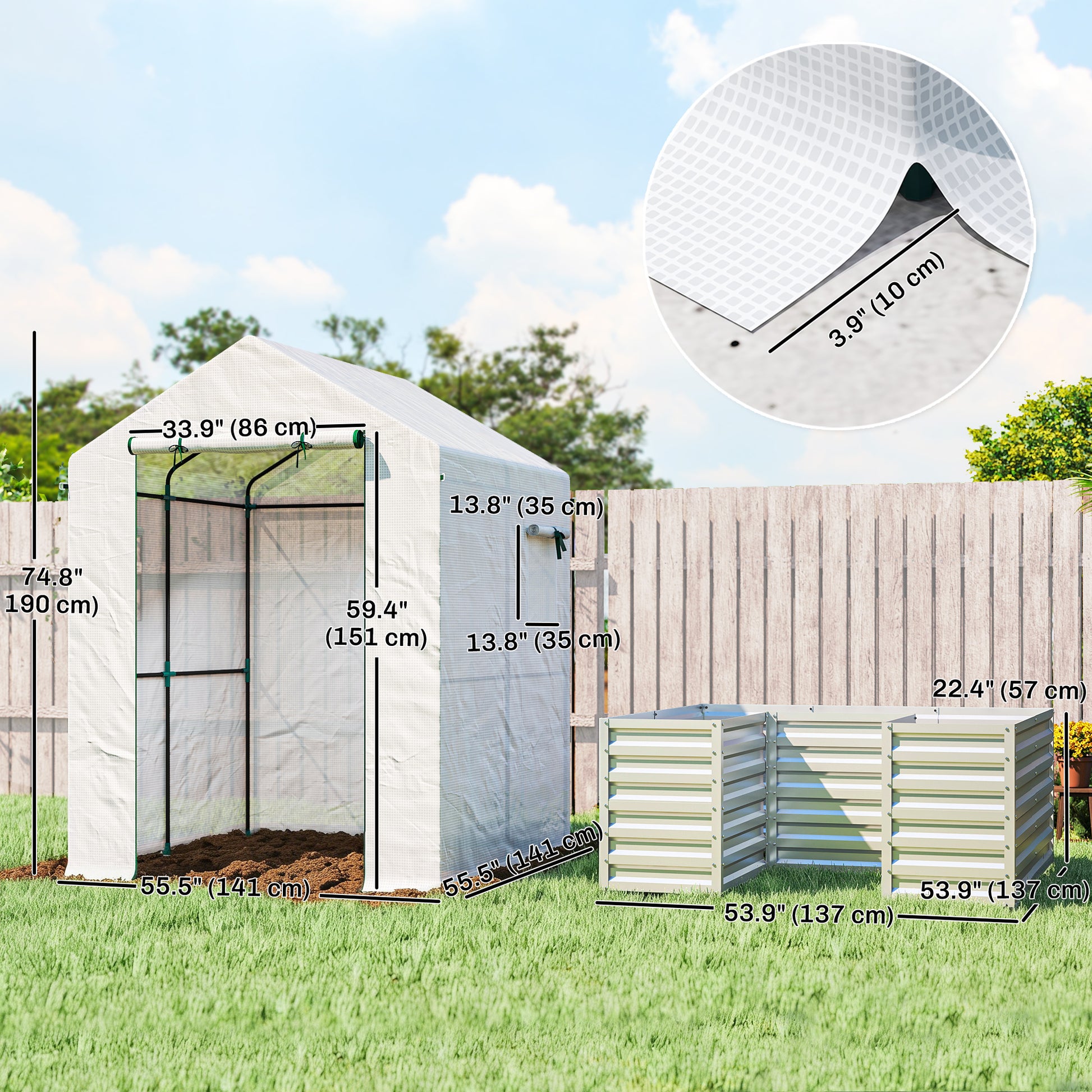 Greenhouse with Raised Garden Bed - 56" x 56" x 75" White-DECOROLALA