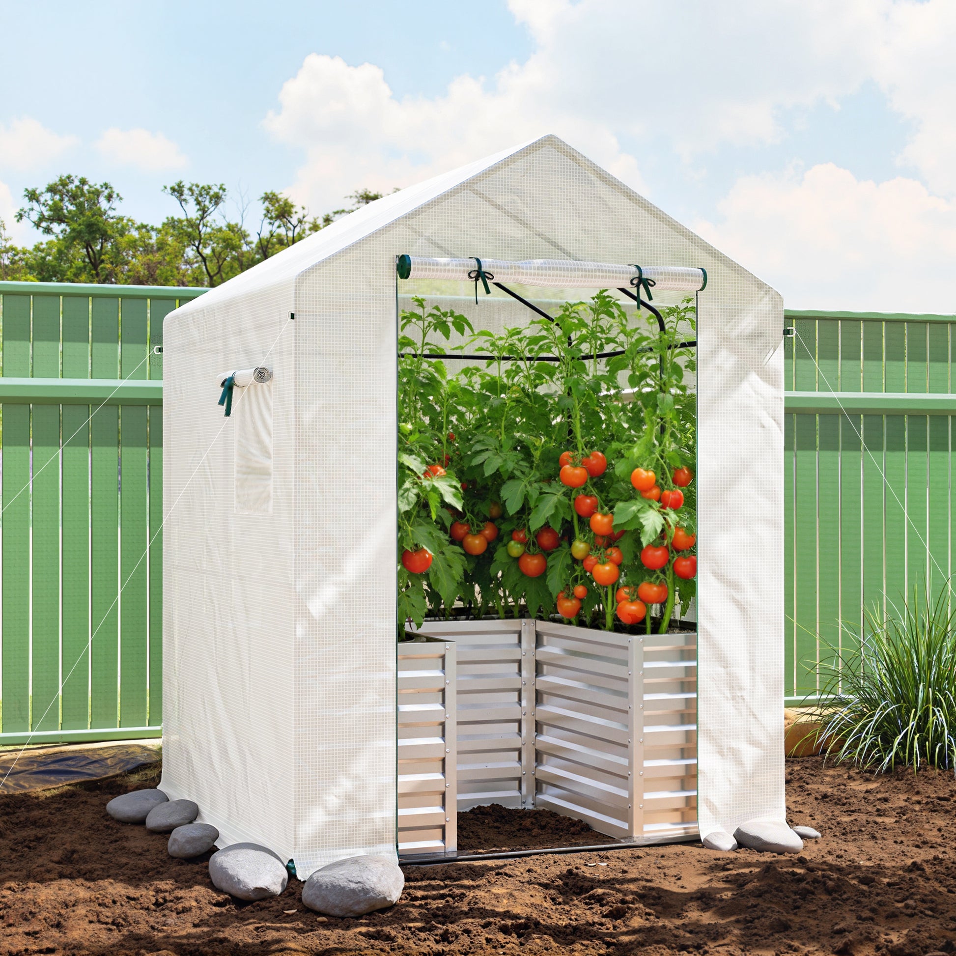 Greenhouse with Raised Garden Bed - 56" x 56" x 75" White-DECOROLALA