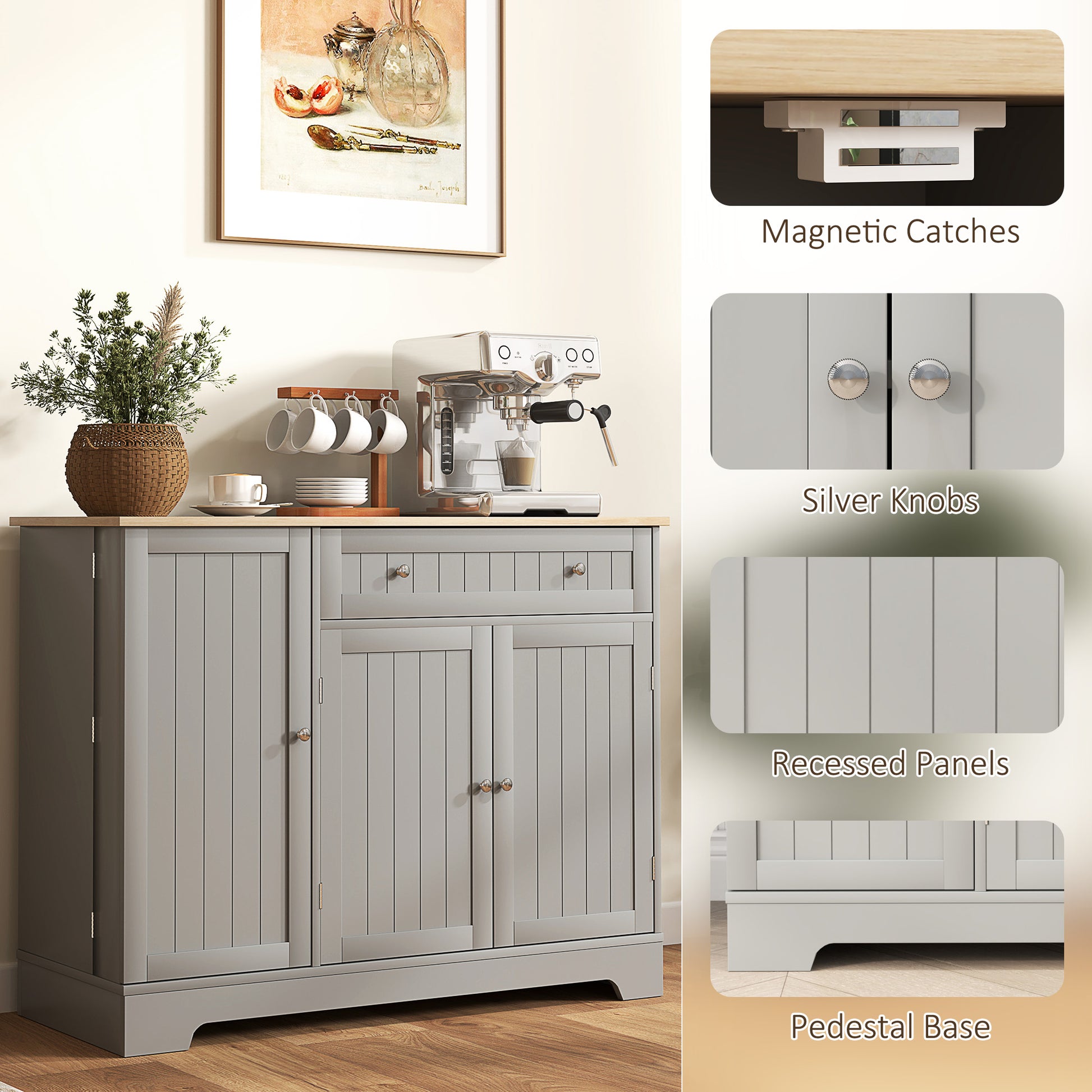 Grey 41" Kitchen Buffet Cabinet - Dining Room Sideboard with Adjustable Shelf, 3 Doors-DECOROLALA