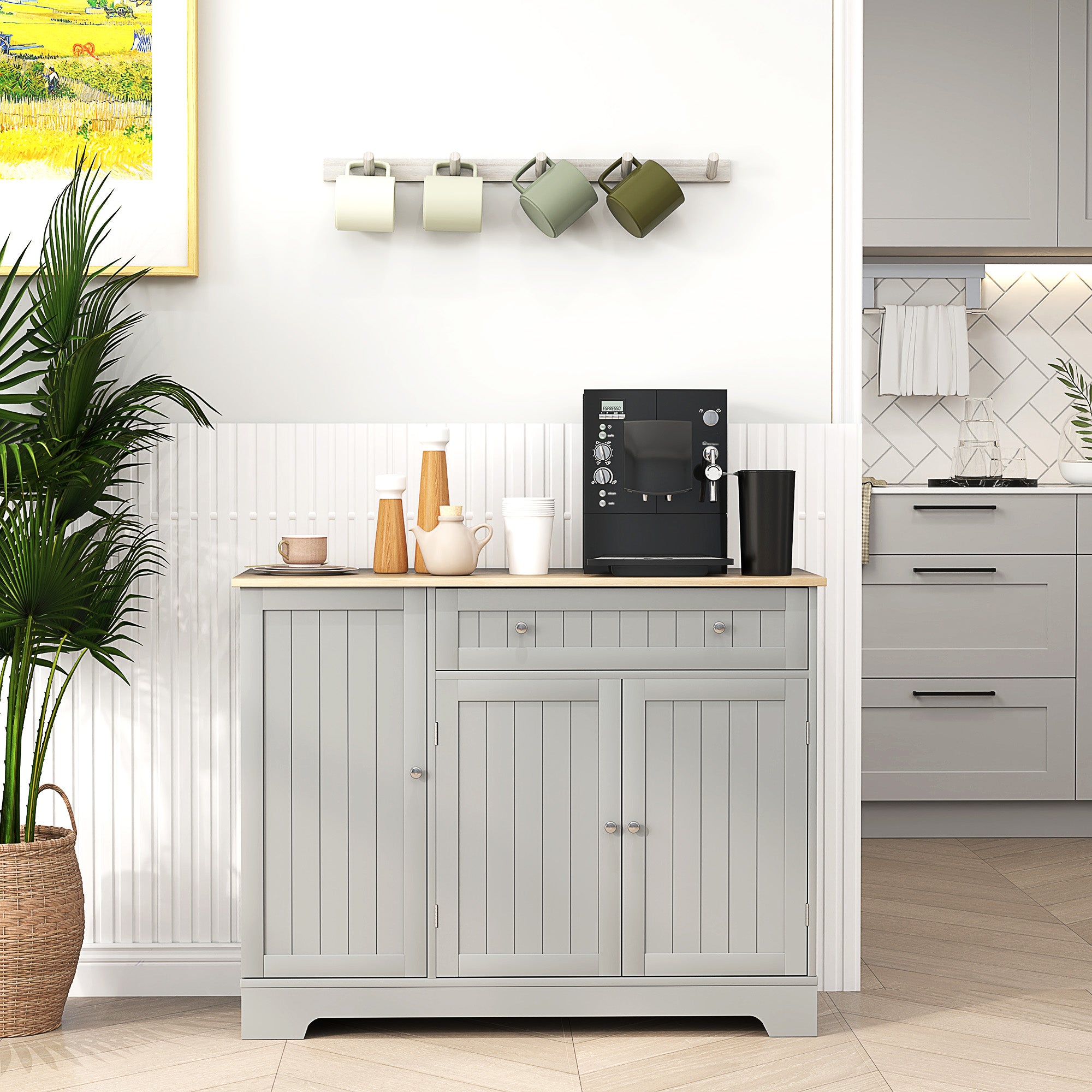 Grey 41" Kitchen Buffet Cabinet - Dining Room Sideboard with Adjustable Shelf, 3 Doors-DECOROLALA