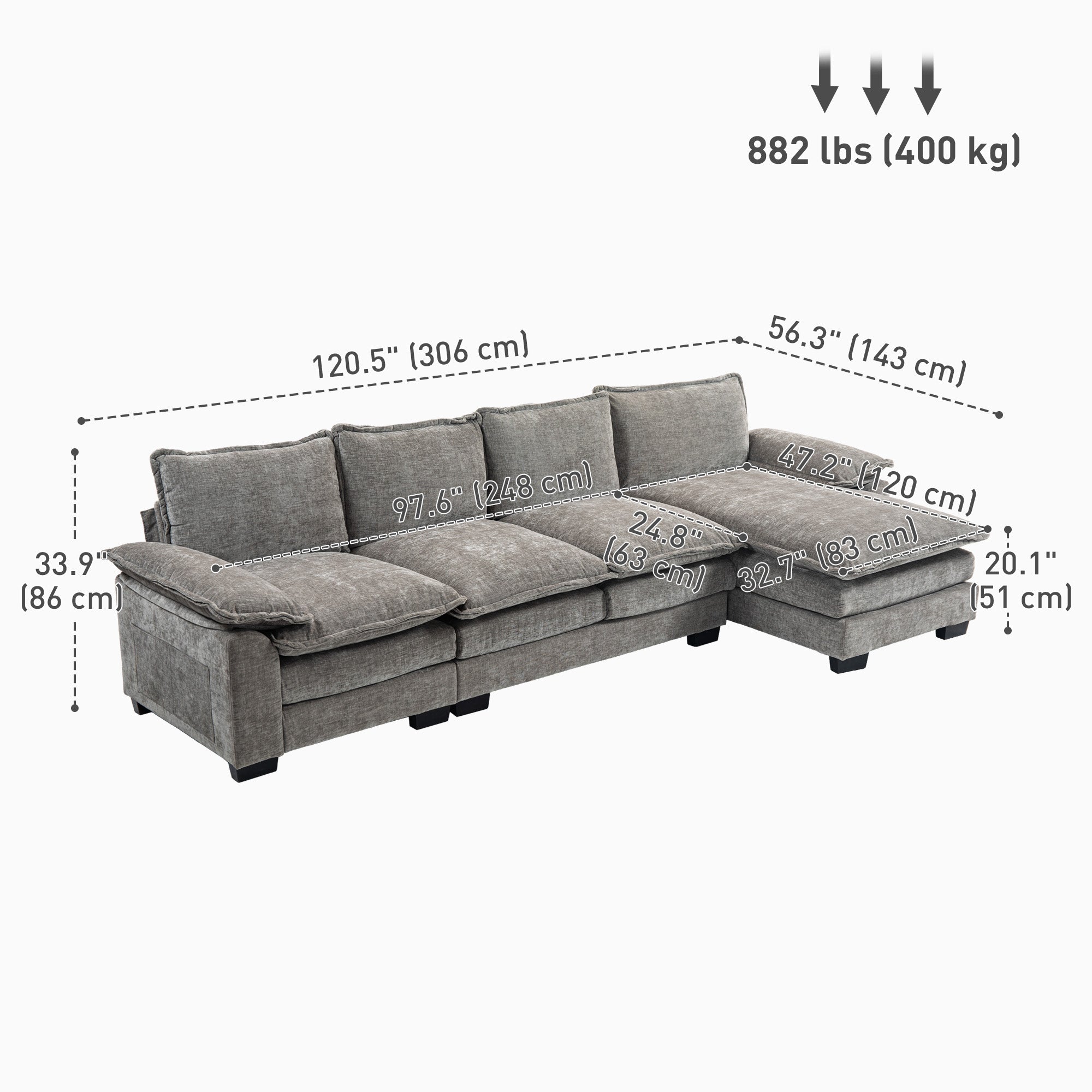 Grey L-shaped Sofa with Chaise Lounge, Chenille Fabric, Double-Layer Cushions-DECOROLALA