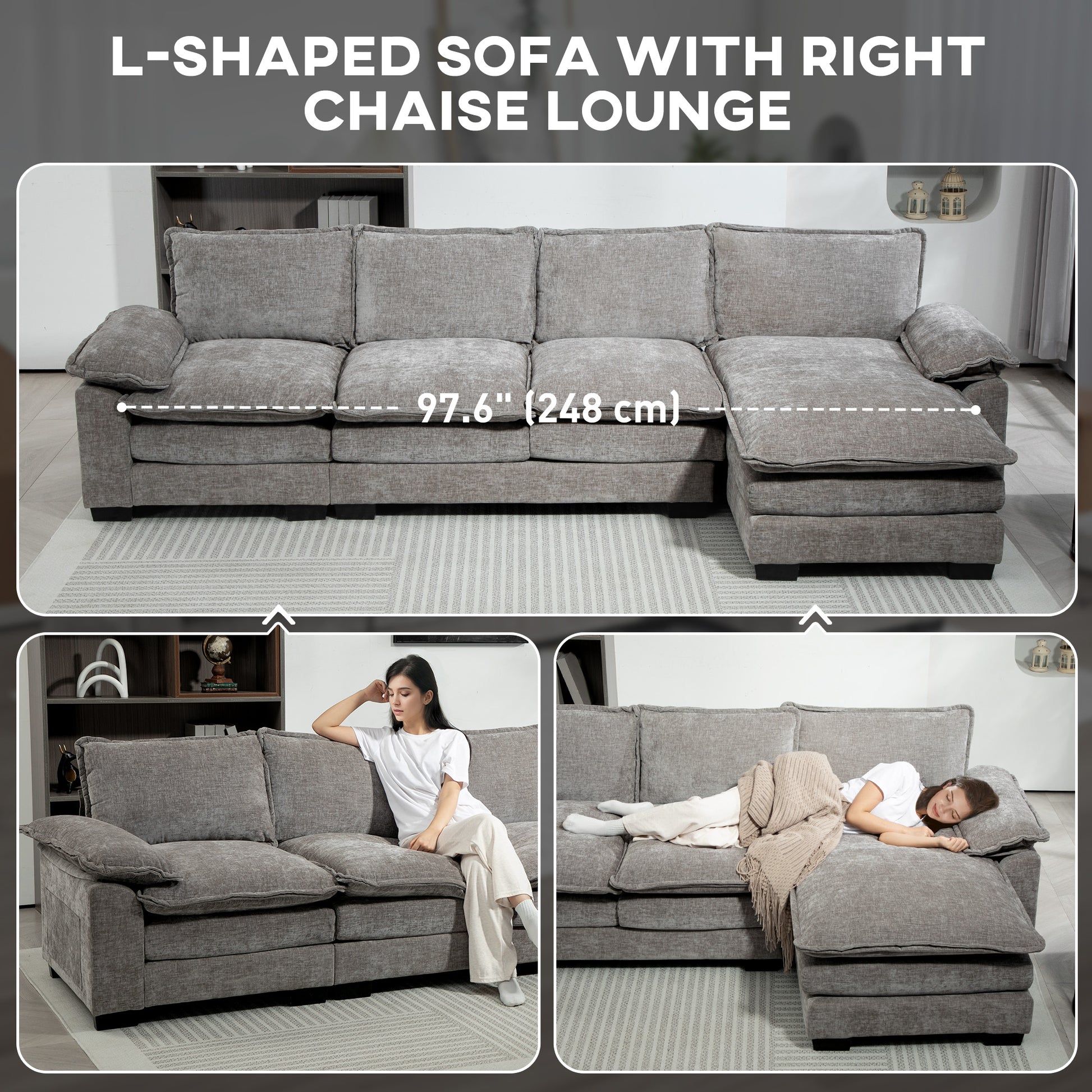 Grey L-shaped Sofa with Chaise Lounge, Chenille Fabric, Double-Layer Cushions-DECOROLALA