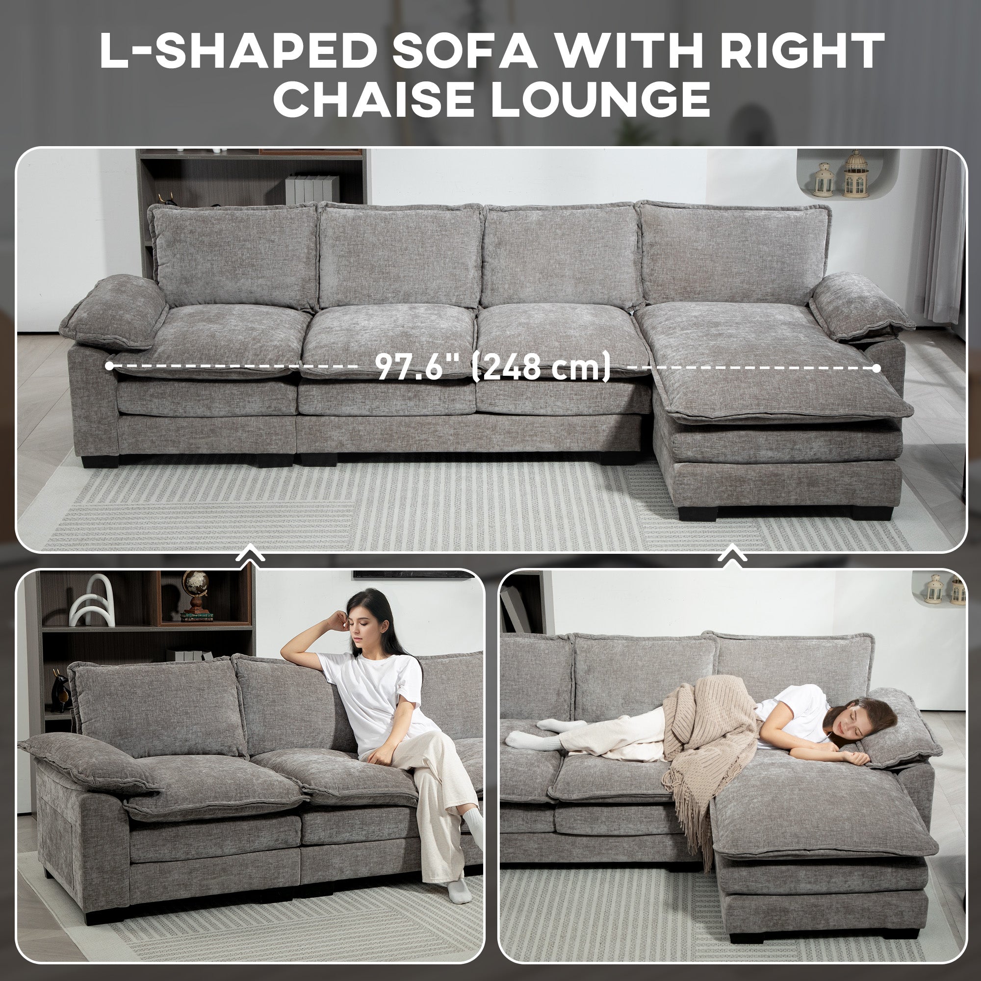 Grey L-shaped Sofa with Chaise Lounge, Chenille Fabric, Double-Layer Cushions-DECOROLALA