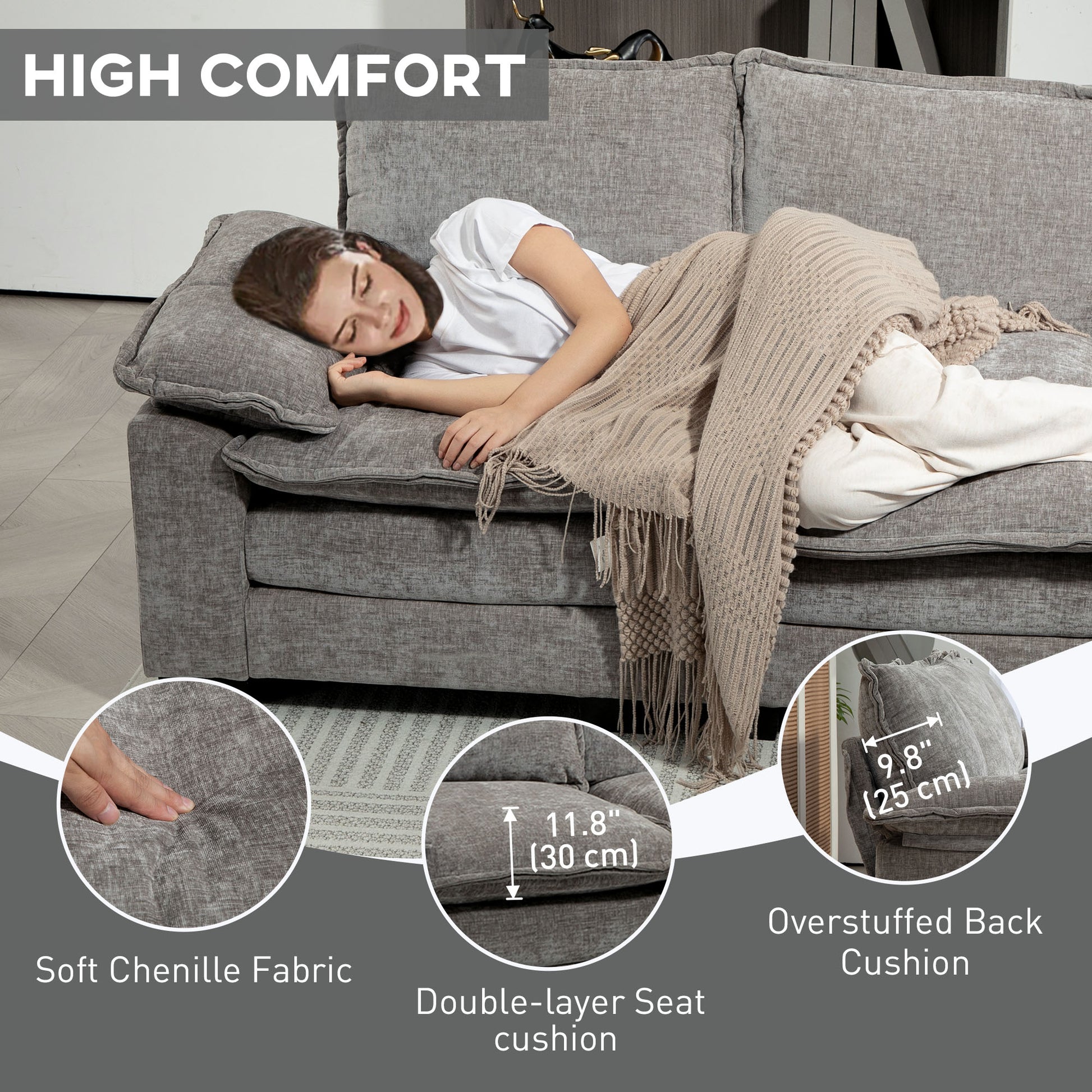 Grey L-shaped Sofa with Chaise Lounge, Chenille Fabric, Double-Layer Cushions-DECOROLALA