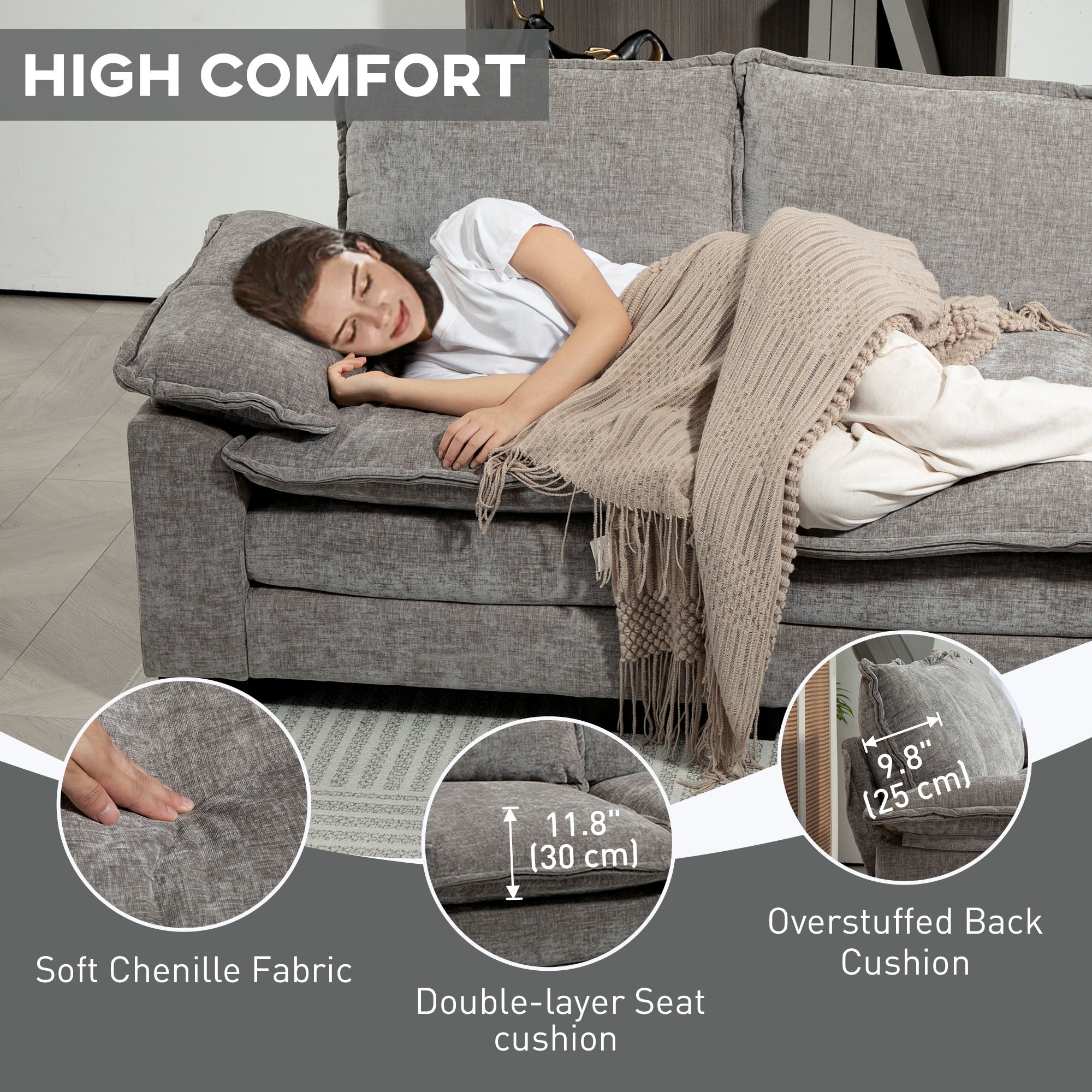 Grey L-shaped Sofa with Chaise Lounge, Chenille Fabric, Double-Layer Cushions-DECOROLALA